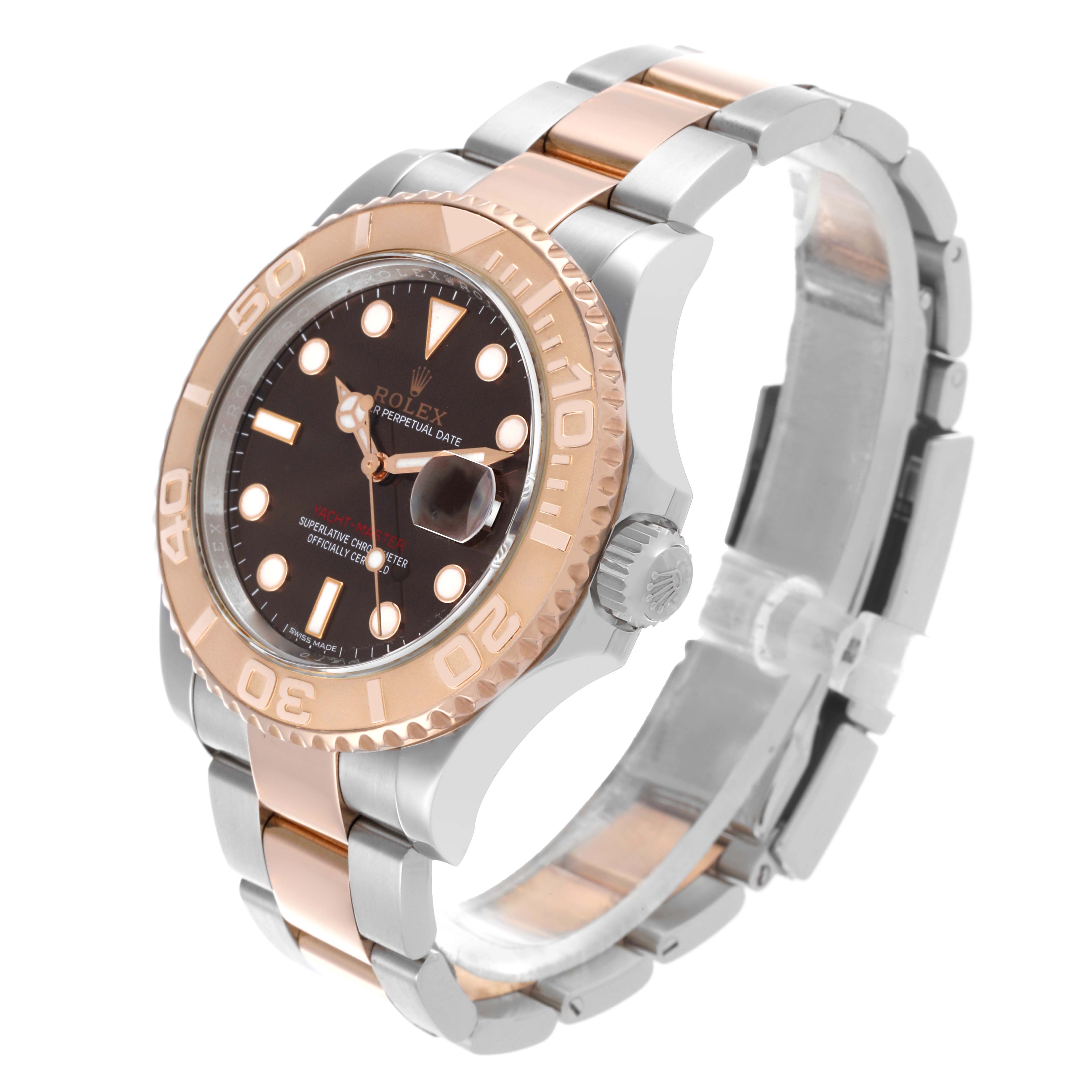 The Rolex Yacht-Master 116621 Men's Steel and Gold (two tone) Brown Dial 116621 Men's Steel and Gold (two tone) Brown Dial watch is shown at a diagonal angle, highlighting the dial, bezel, and two-tone bracelet.