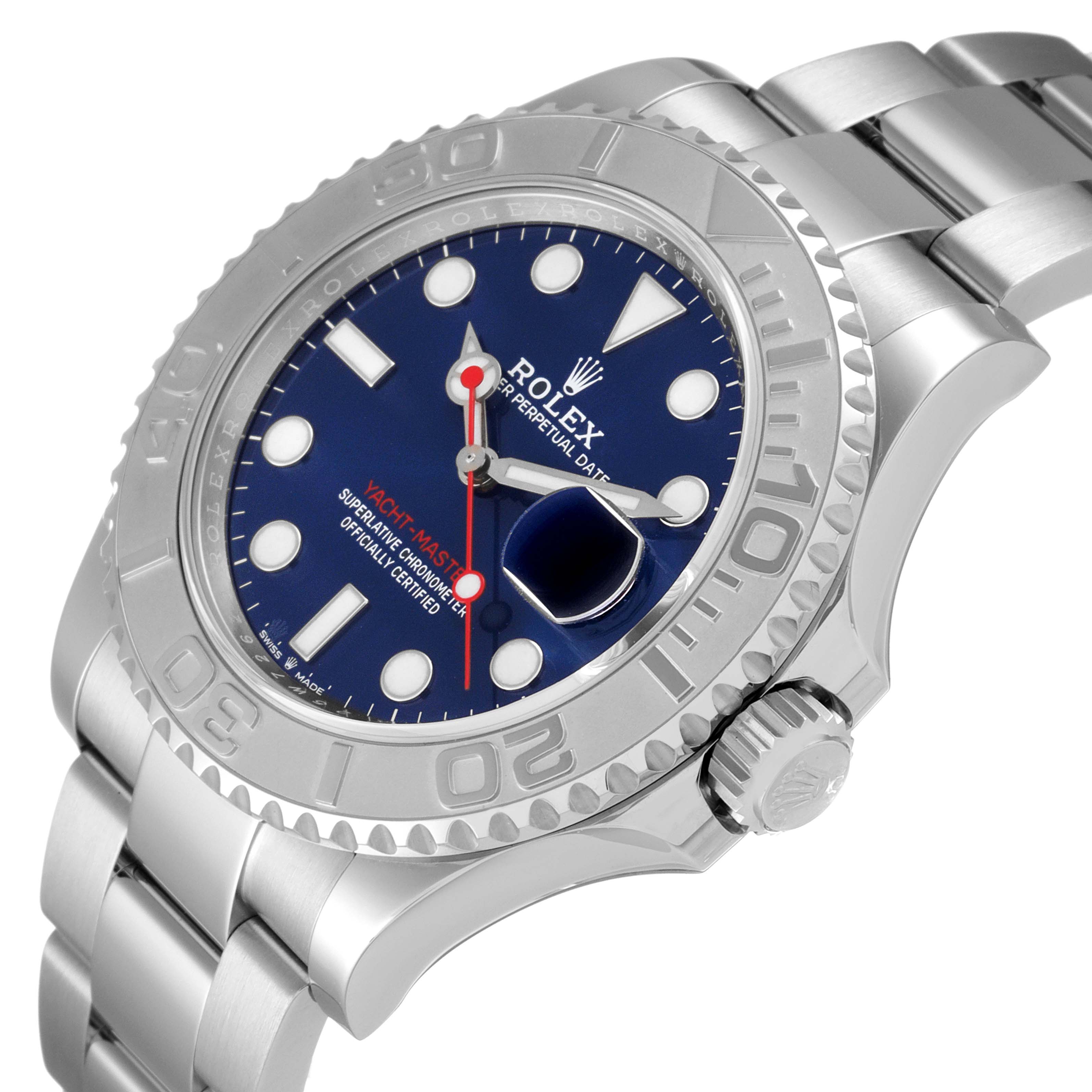 The Rolex Yacht-Master 126622 Men's Stainless Steel Blue Dial 126622 Men's Stainless Steel Blue Dial watch is shown at a side angle, highlighting the bezel, dial, crown, and part of the bracelet.