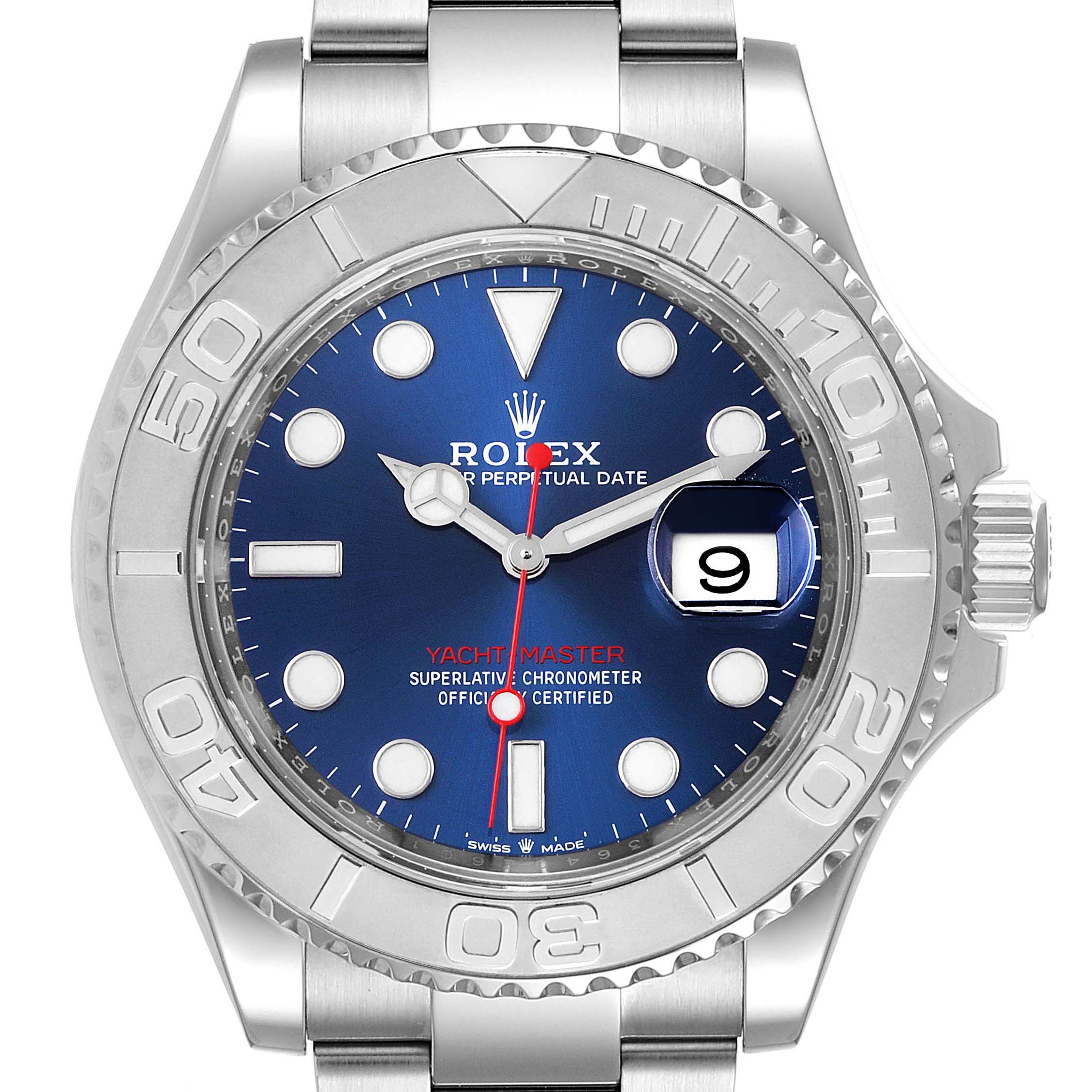 The image shows a front view of the Rolex Yacht-Master 126622 Men's Stainless Steel Blue Dial 126622 Men's Stainless Steel Blue Dial watch, highlighting its blue dial, date window, and bezel.