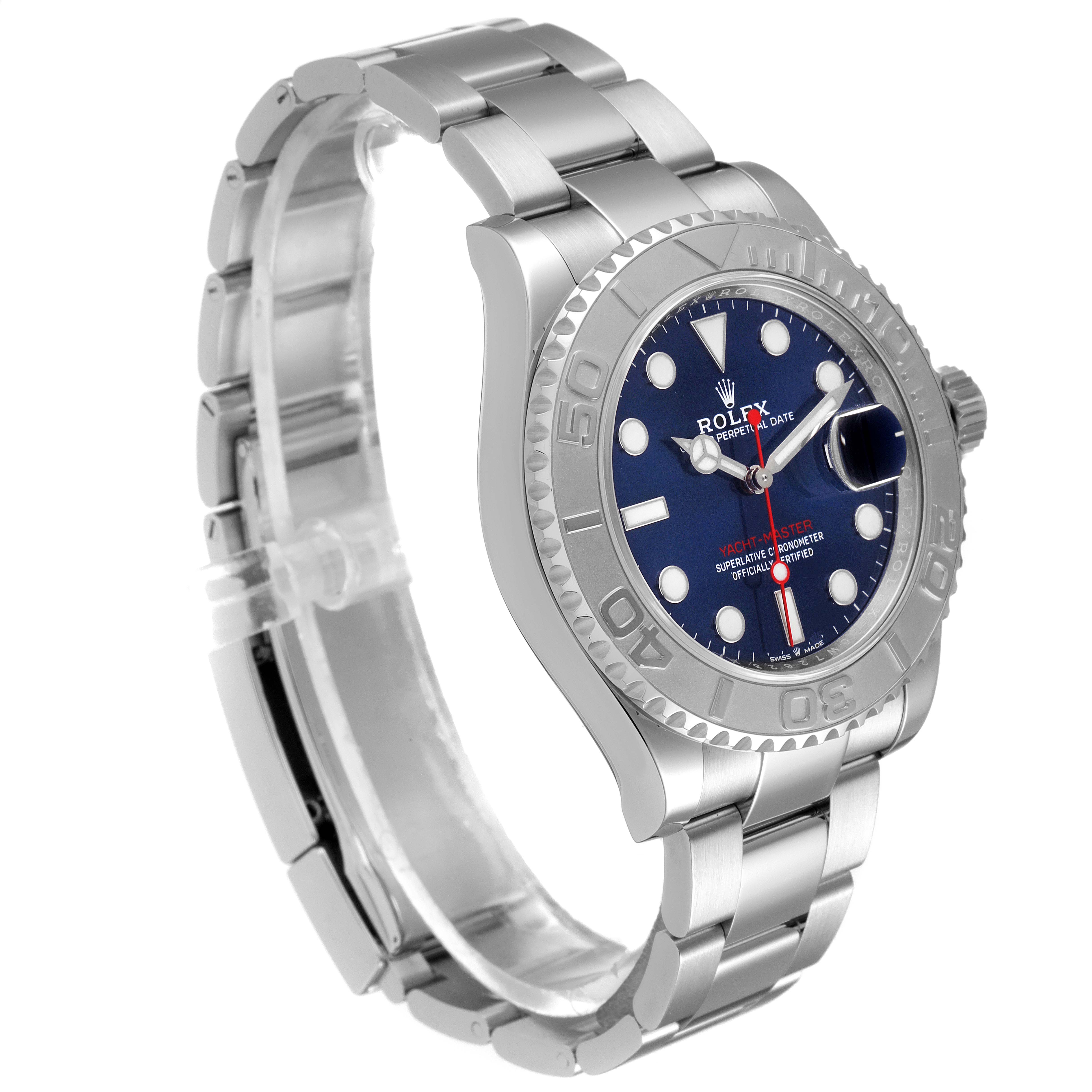 This image shows a Rolex Yacht-Master 126622 Men's Stainless Steel Blue Dial 126622 Men's Stainless Steel Blue Dial watch, angled to display the dial, bezel, and bracelet clearly.