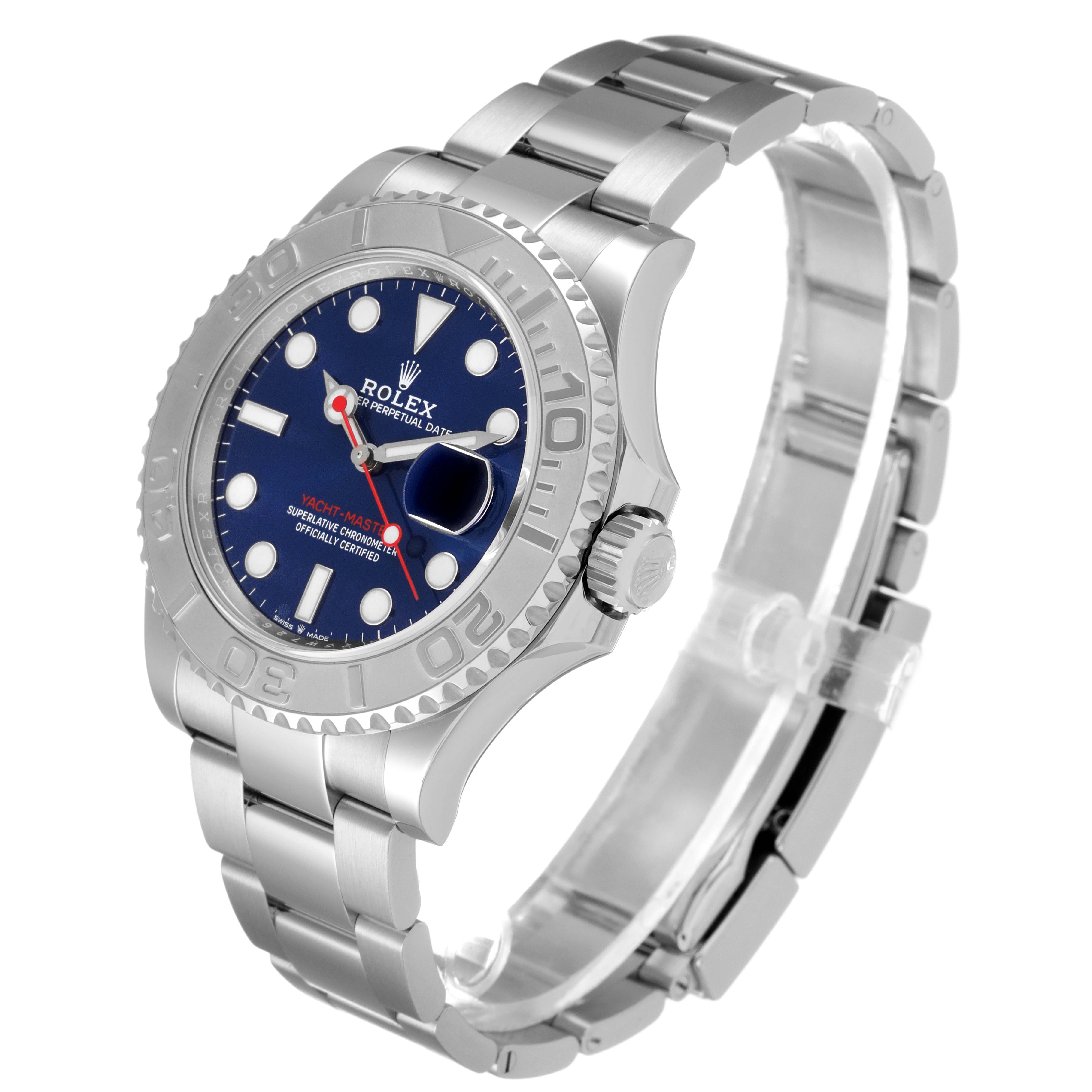 The Rolex Yacht-Master 126622 Men's Stainless Steel Blue Dial 126622 Men's Stainless Steel Blue Dial watch is shown at a three-quarter angle, displaying the face, bezel, case, and bracelet.