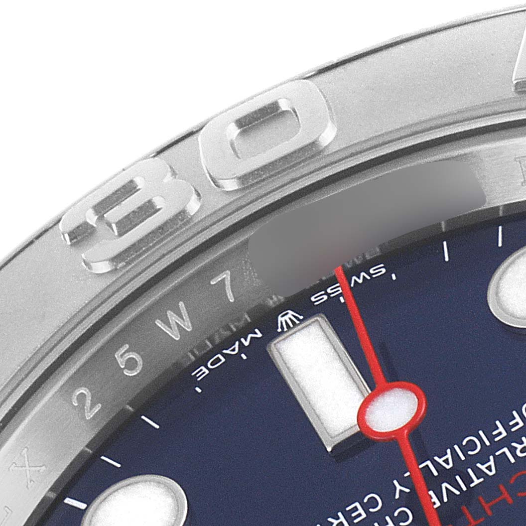 The image shows a close-up of the bezel, part of the face, and hand of a Rolex Yacht-Master 126622 Men's Stainless Steel Blue Dial 126622 Men's Stainless Steel Blue Dial watch.