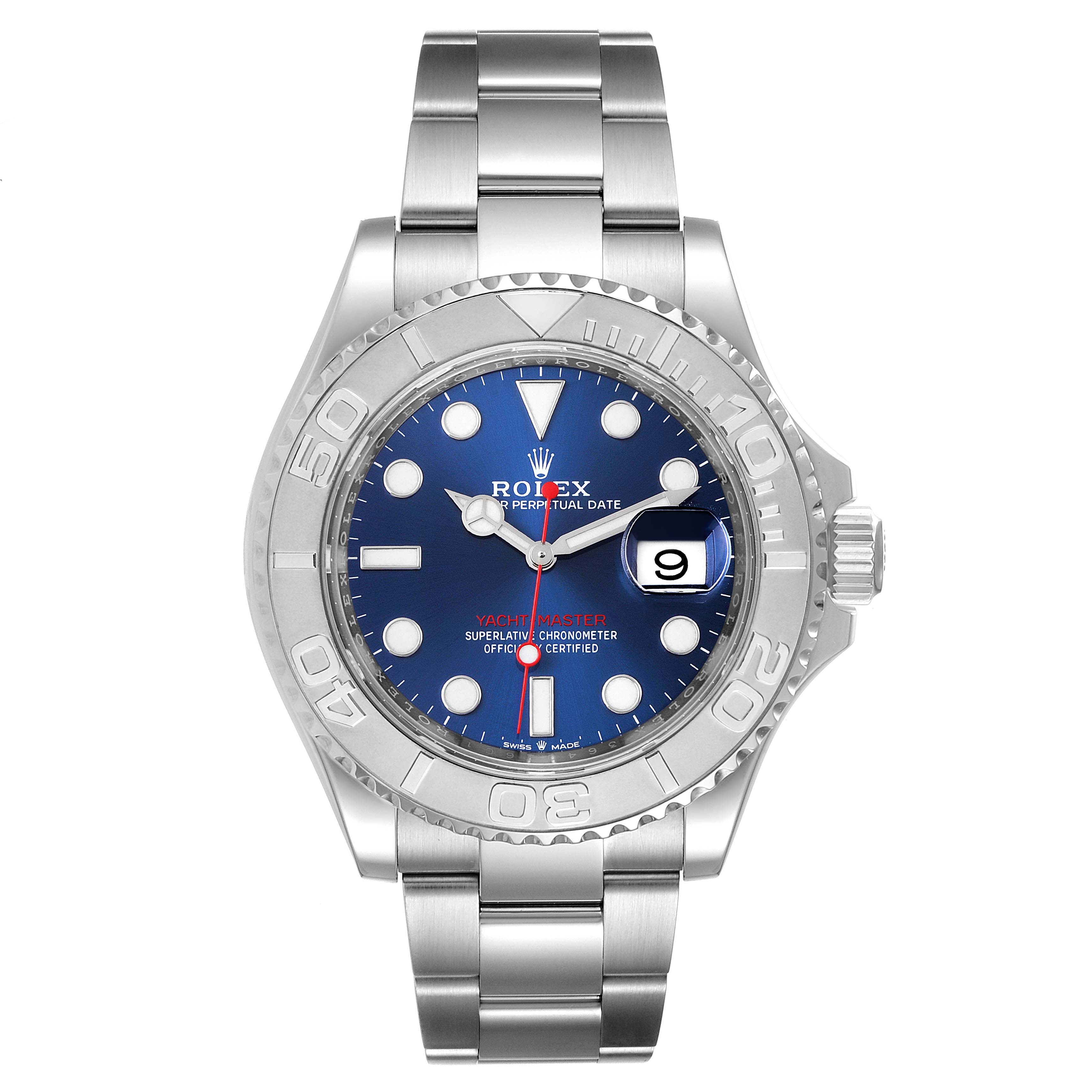 This image shows a front view of a Rolex Yacht-Master 126622 Men's Stainless Steel Blue Dial 126622 Men's Stainless Steel Blue Dial watch, displaying the face, bezel, dial, and bracelet.