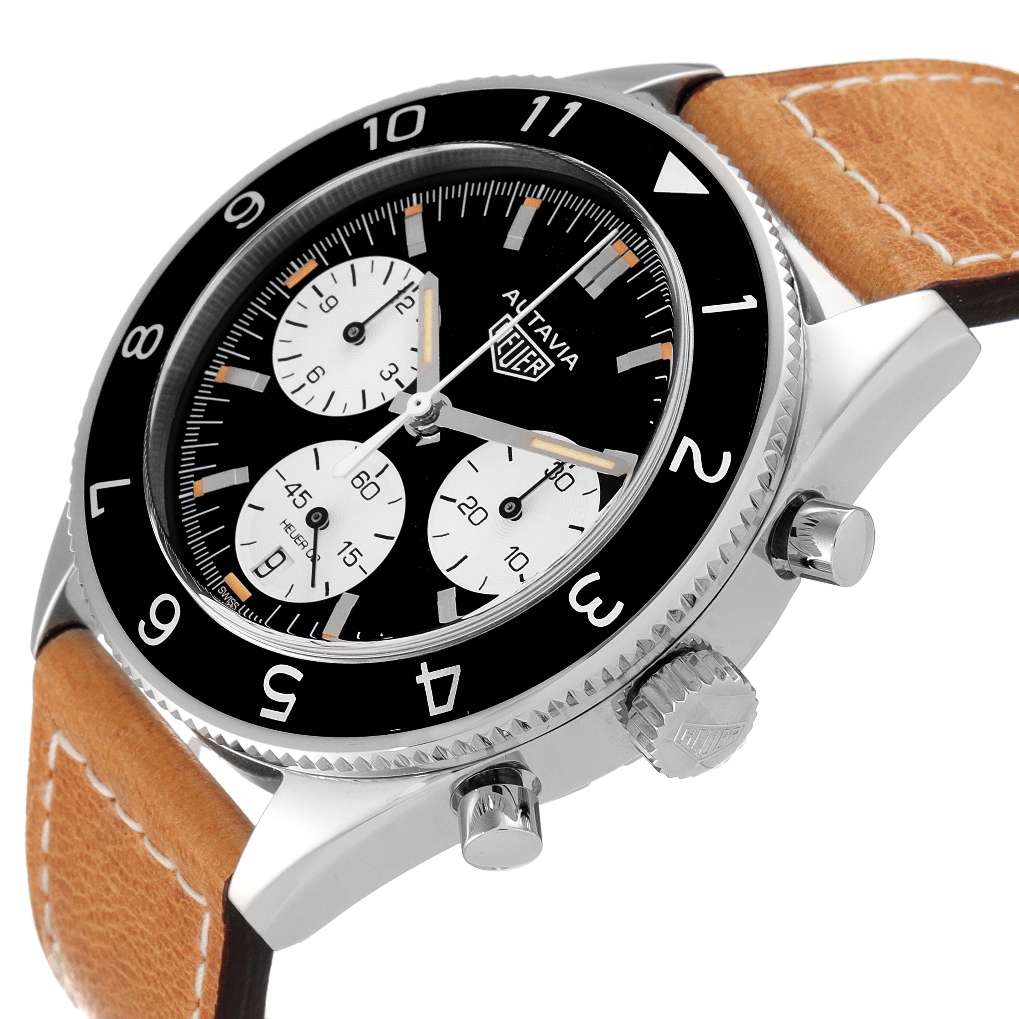 The image shows a Tag Heuer Autavia CBE2110.FC8226 Men
s Stainless Steel Black Dial CBE2110.FC8226 Men
s Stainless Steel Black Dial watch from an angled side view, highlighting the black dial, chronograph subdials, and brown leather strap.