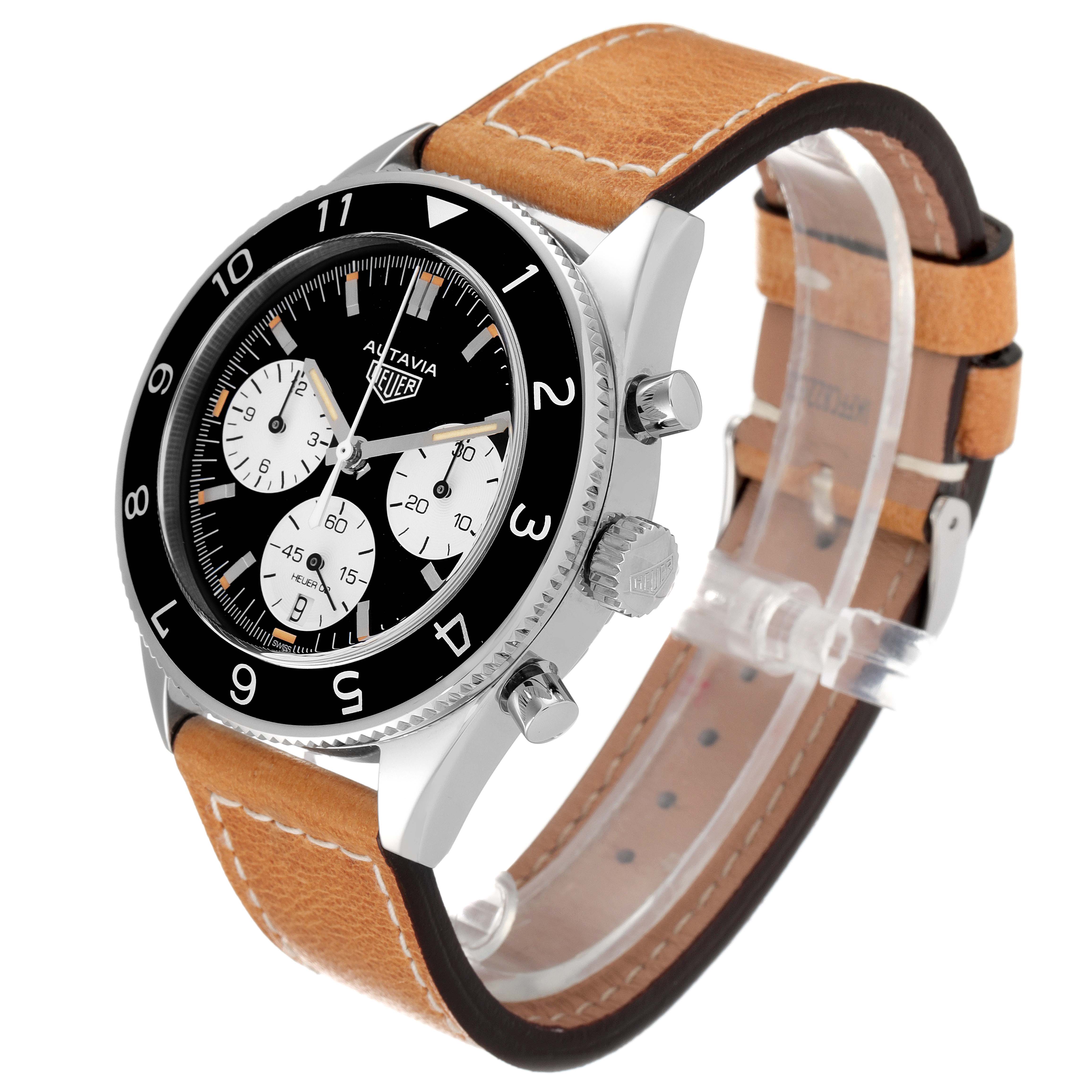 The image shows a Tag Heuer Autavia CBE2110.FC8226 Men
s Stainless Steel Black Dial CBE2110.FC8226 Men
s Stainless Steel Black Dial watch at a three-quarter angle, highlighting the case, bezel, dial, and leather strap.