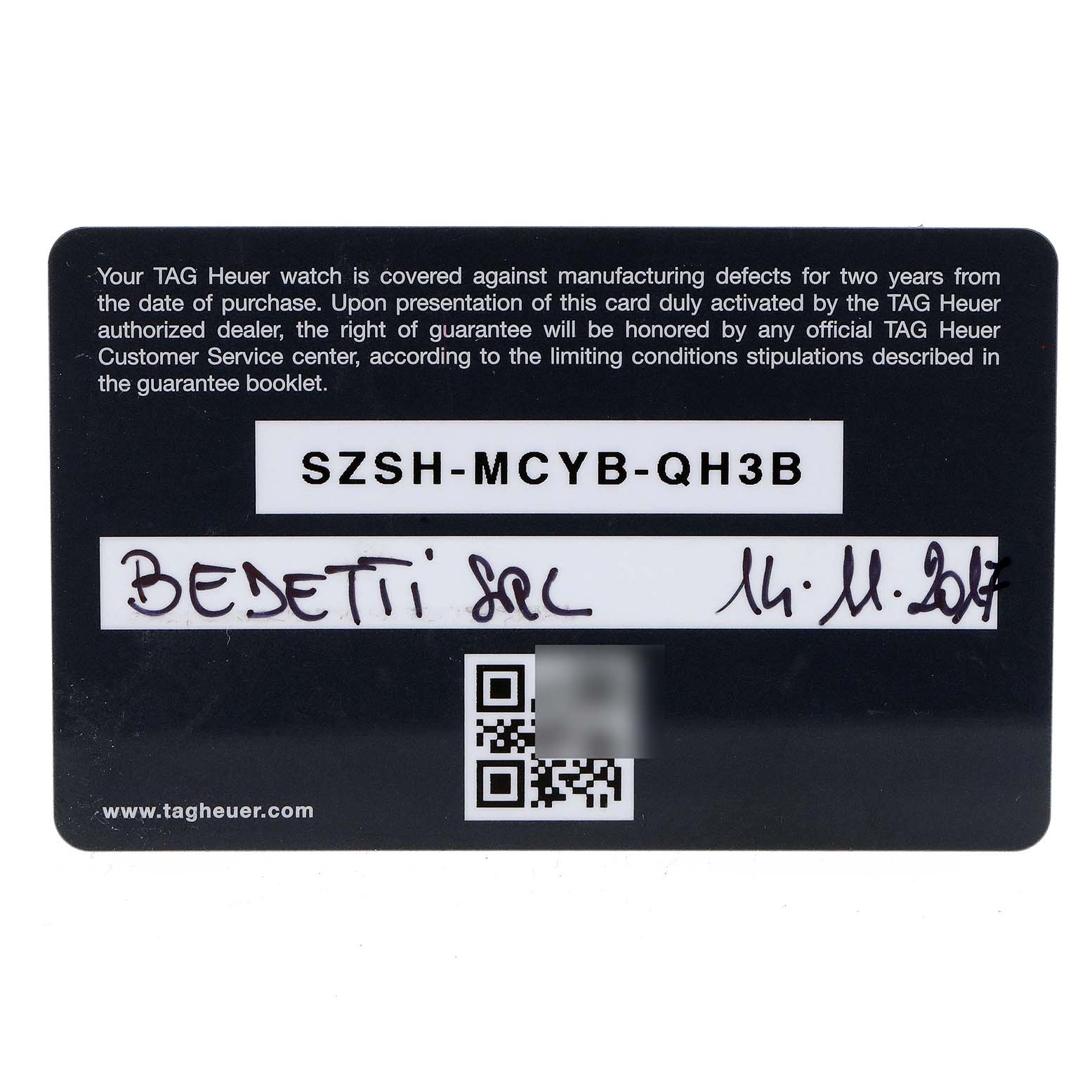 This image shows a warranty card for the Tag Heuer Autavia CBE2110.FC8226 Men
s Stainless Steel Black Dial CBE2110.FC8226 Men
s Stainless Steel Black Dial model, including the serial number, dealer information, and QR code.