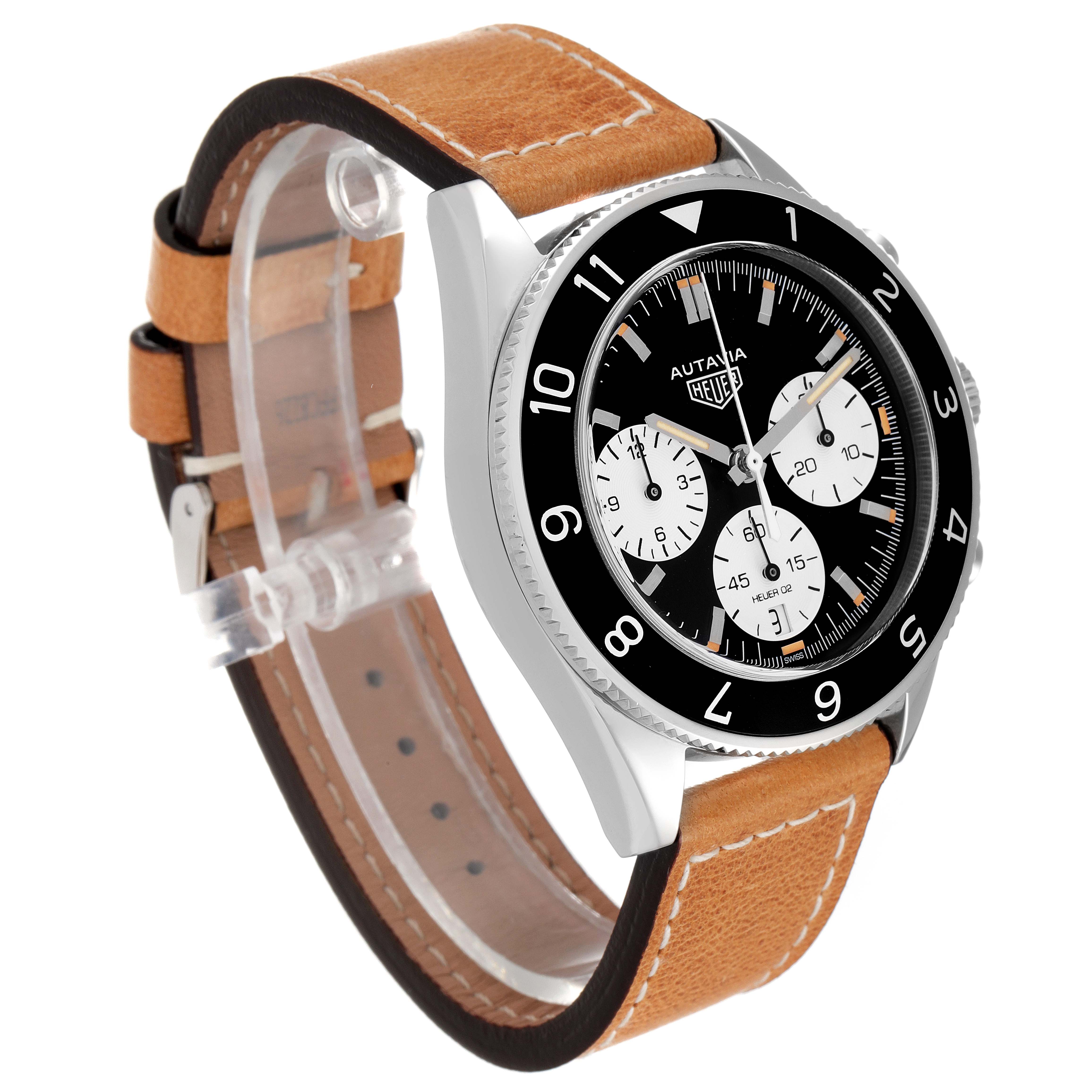 The image shows an angled view of the Tag Heuer Autavia CBE2110.FC8226 Men
s Stainless Steel Black Dial CBE2110.FC8226 Men
s Stainless Steel Black Dial watch, highlighting its black dial, three subdials, and brown leather strap.