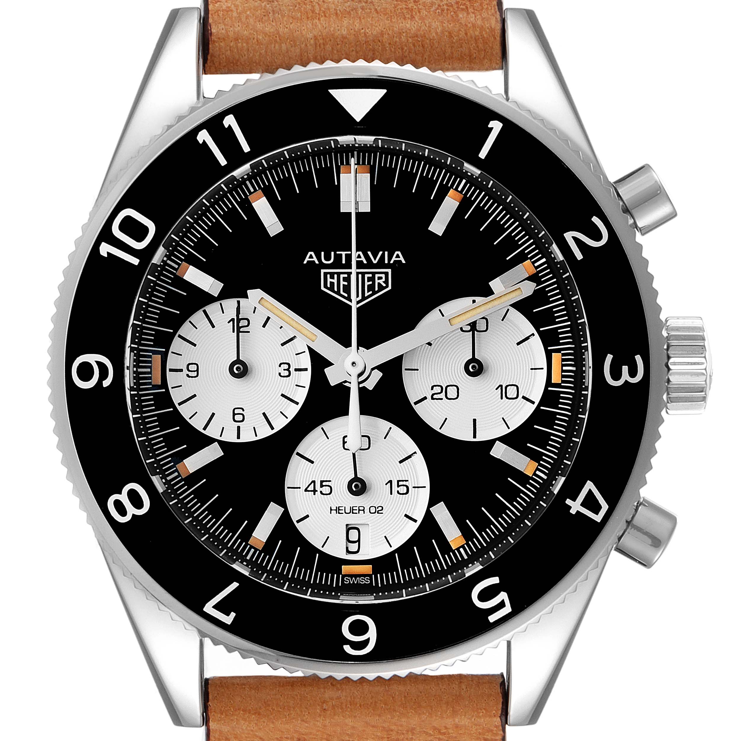 The watch face of the Tag Heuer Autavia CBE2110.FC8226 Men
s Stainless Steel Black Dial CBE2110.FC8226 Men
s Stainless Steel Black Dial model is shown from a front angle, featuring a black bezel and multiple subdials.