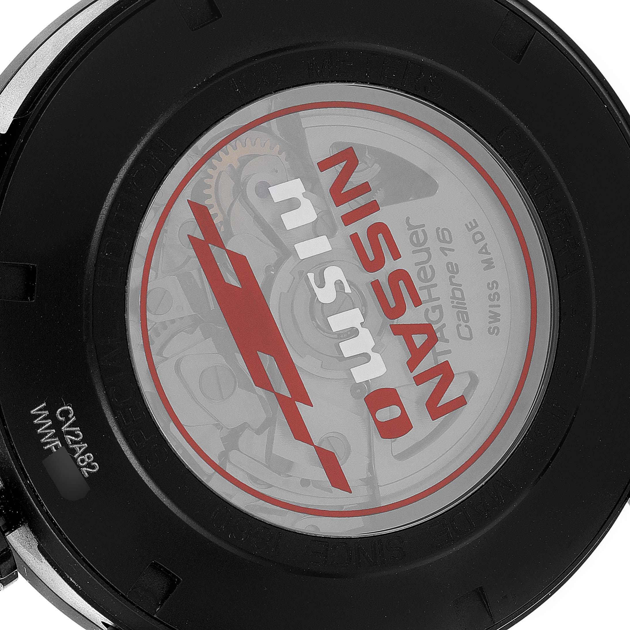 This is the back view of the Tag Heuer Carrera CV2A82.FC6237 Men's Titanium Black Dial CV2A82.FC6237 Men's Titanium Black Dial watch, showing the inner mechanics and the "Nissan Nismo" branding.