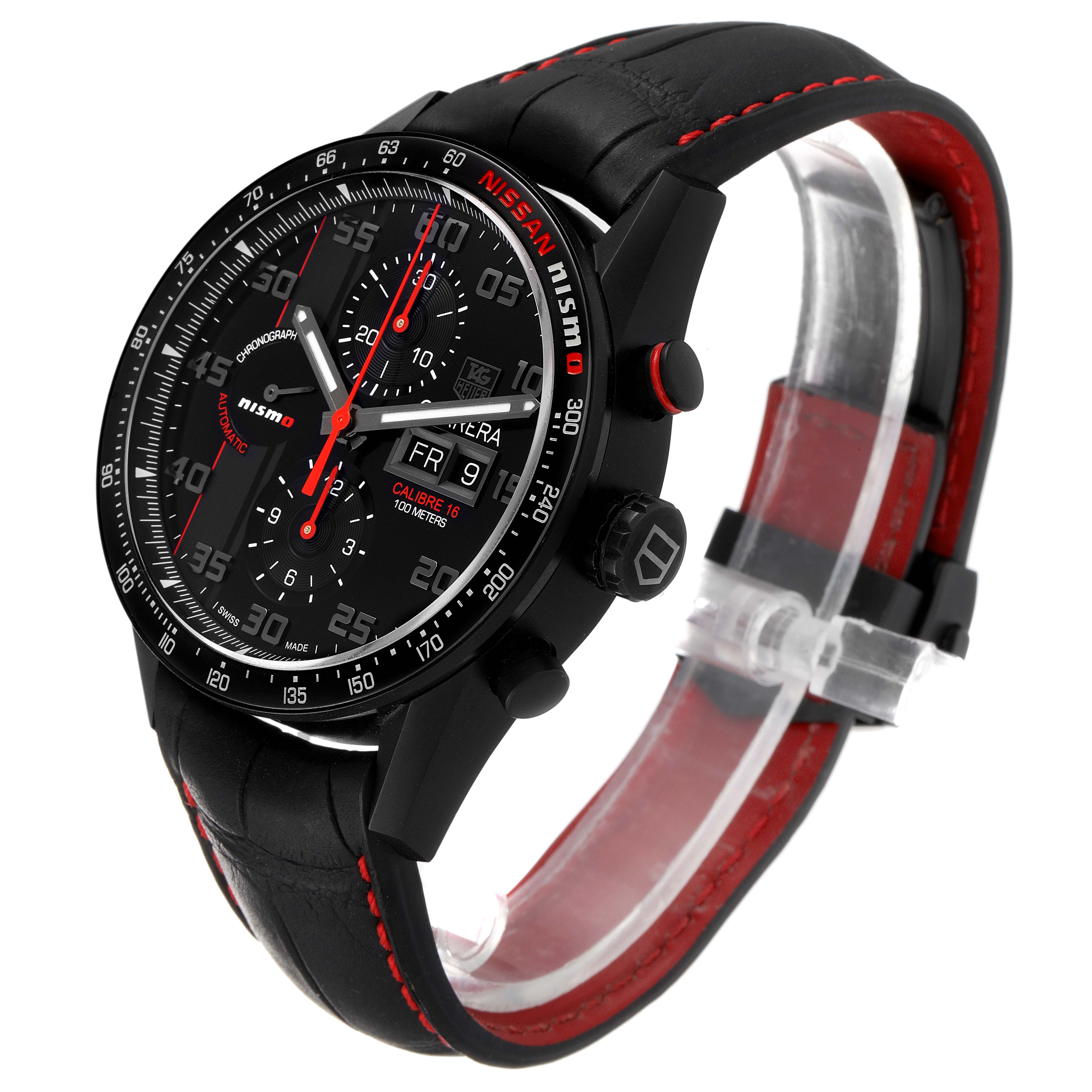 The image shows a side and front angle of a Tag Heuer Carrera CV2A82.FC6237 Men's Titanium Black Dial CV2A82.FC6237 Men's Titanium Black Dial watch, highlighting its black and red band and detailed face.