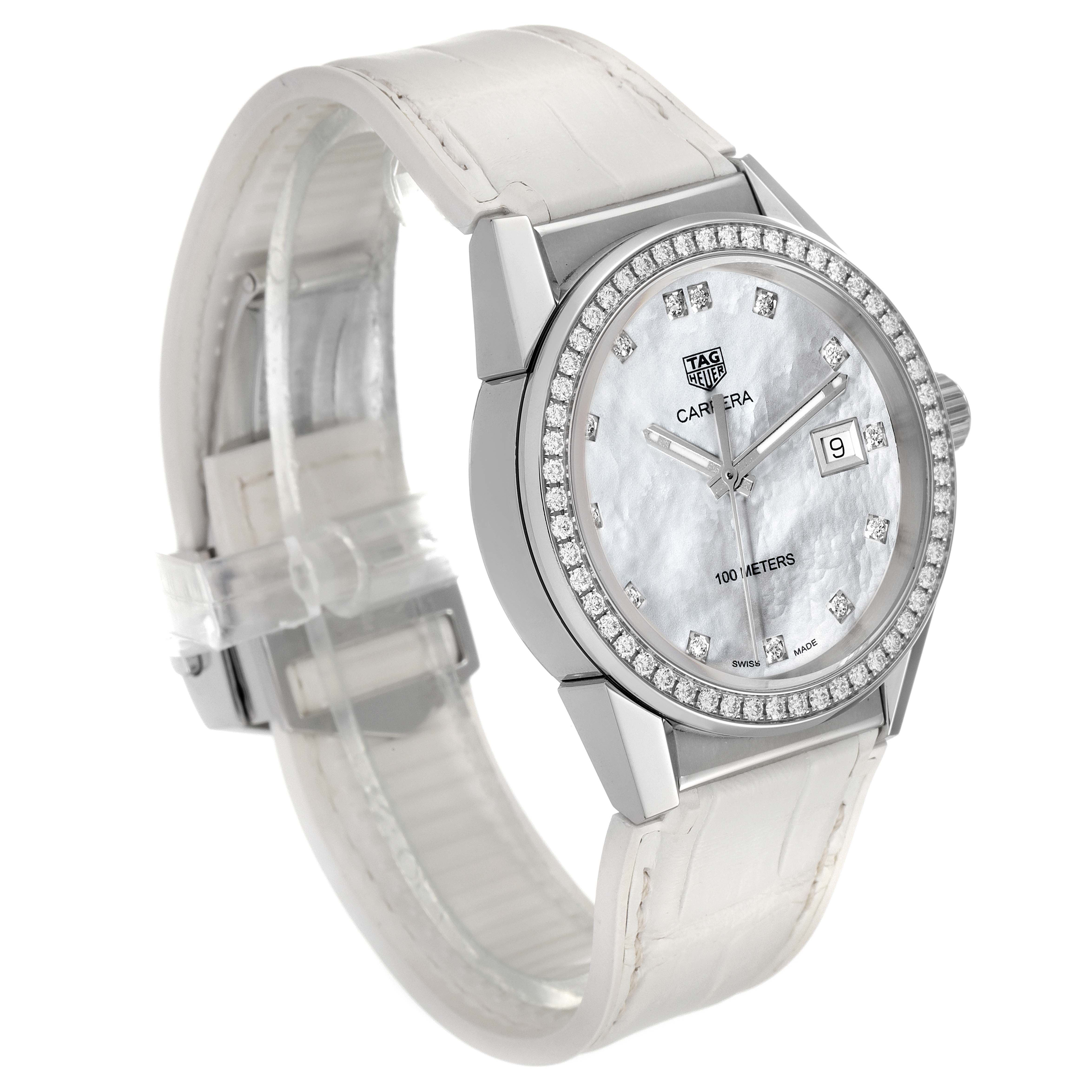 This Tag Heuer Carrera WBG1315.BA0758 Women's Stainless Steel Mother of Pearl Dial WBG1315.BA0758 Women's Stainless Steel Mother of Pearl Dial watch is shown at a slight angle, showcasing the face, bezel, crown, and strap.