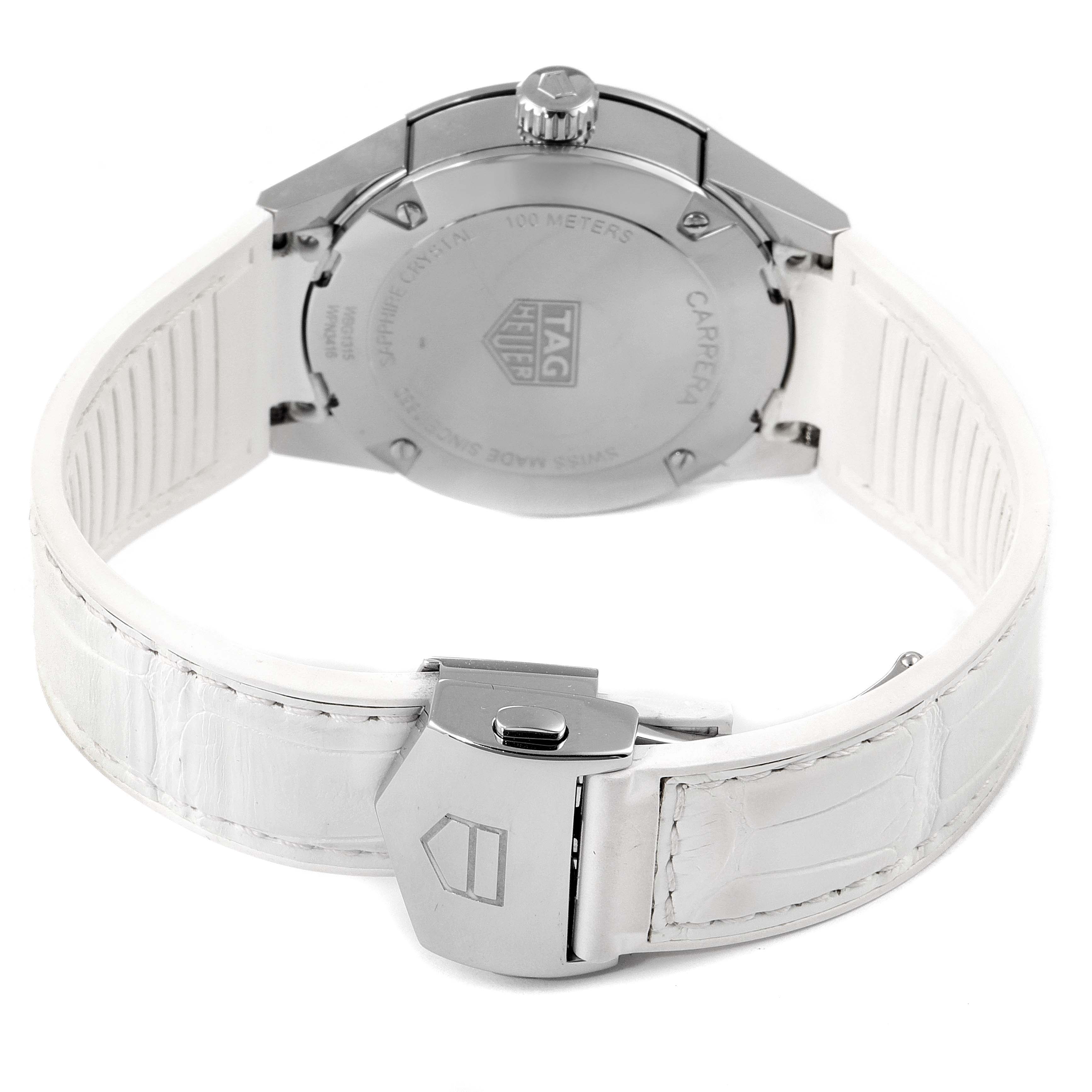 The image shows the back casing and white leather strap of a Tag Heuer Carrera WBG1315.BA0758 Women's Stainless Steel Mother of Pearl Dial WBG1315.BA0758 Women's Stainless Steel Mother of Pearl Dial model watch.