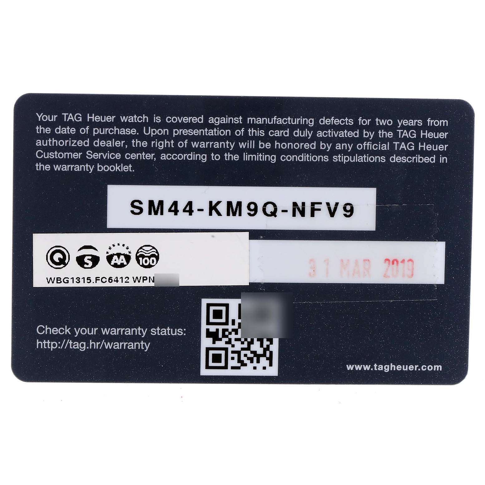 This is a warranty card for the Tag Heuer Carrera WBG1315.BA0758 Women's Stainless Steel Mother of Pearl Dial WBG1315.BA0758 Women's Stainless Steel Mother of Pearl Dial model, displaying warranty details and a QR code.