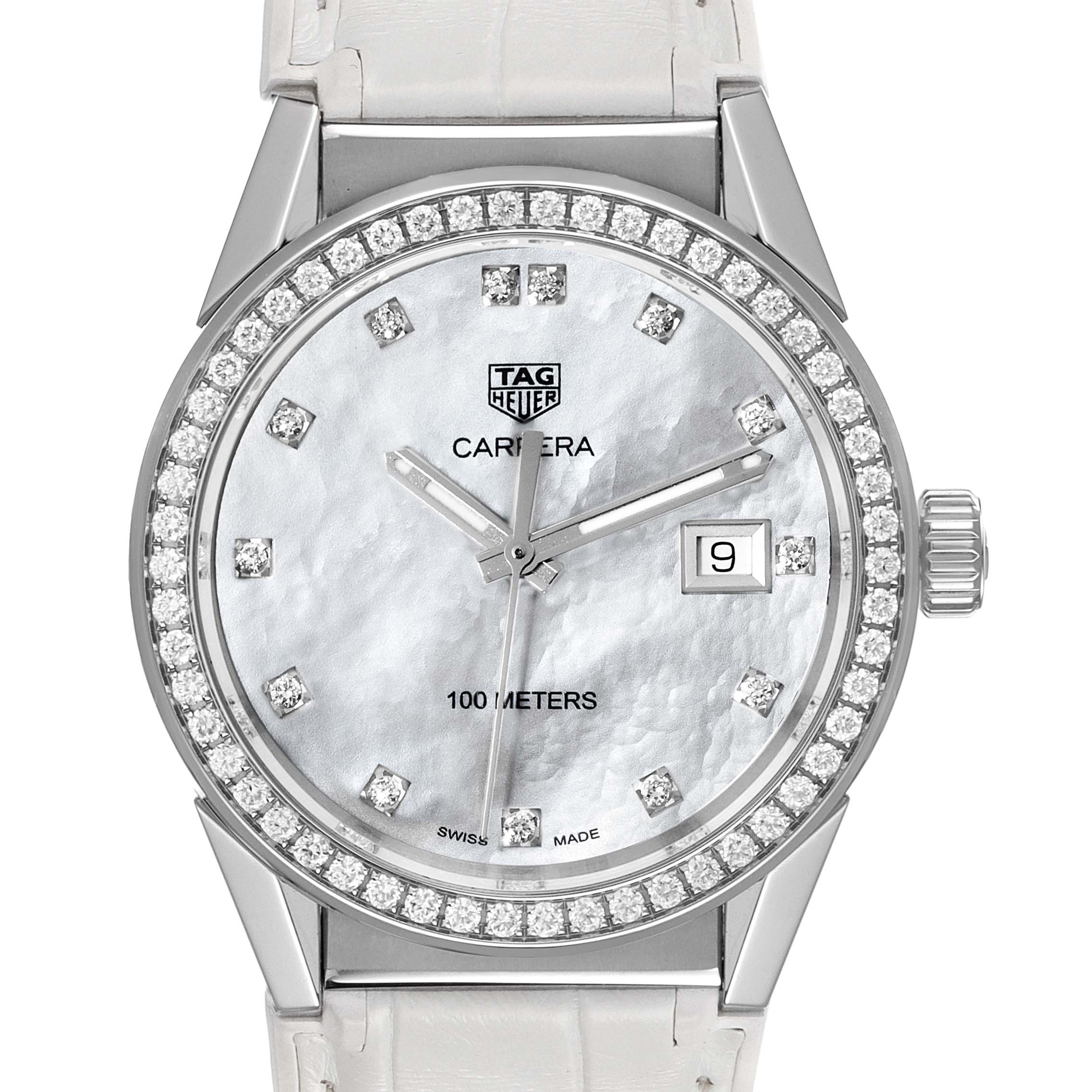 The image shows a front view of the Tag Heuer Carrera WBG1315.BA0758 Women's Stainless Steel Mother of Pearl Dial WBG1315.BA0758 Women's Stainless Steel Mother of Pearl Dial watch, highlighting the dial, bezel, and date display.