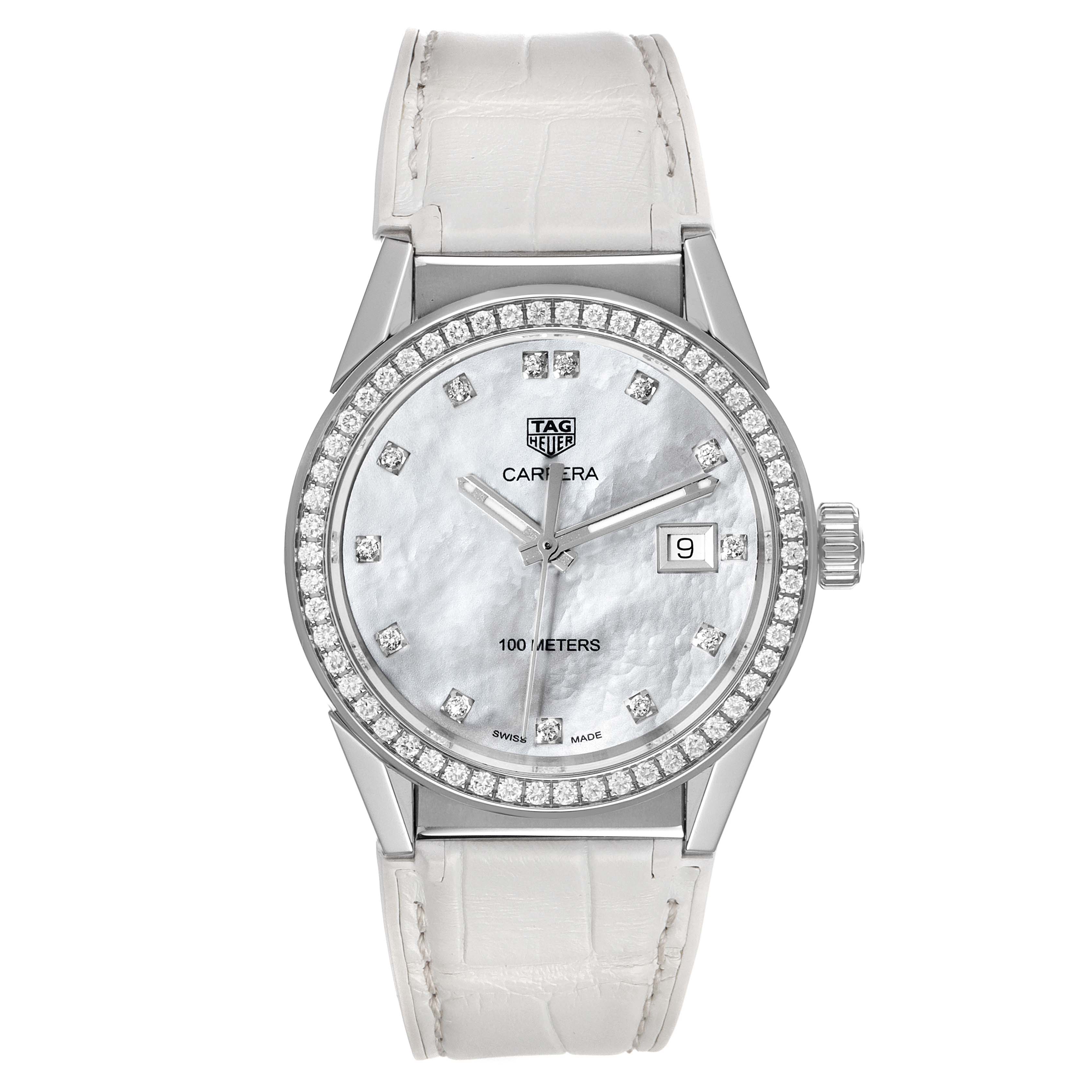 The image shows a Tag Heuer Carrera WBG1315.BA0758 Women's Stainless Steel Mother of Pearl Dial WBG1315.BA0758 Women's Stainless Steel Mother of Pearl Dial watch from a front angle, highlighting its face with diamond markers, bezel, and white leather strap.
