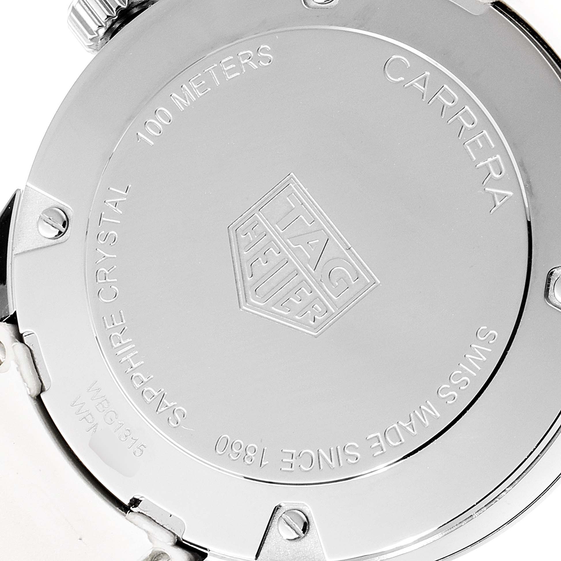The image shows the back case of a Tag Heuer Carrera WBG1315.BA0758 Women's Stainless Steel Mother of Pearl Dial WBG1315.BA0758 Women's Stainless Steel Mother of Pearl Dial watch, highlighting its branding and specifications.