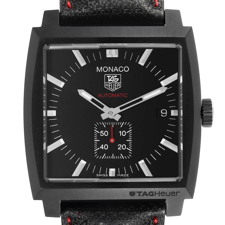 The image shows a front view of the Tag Heuer Monaco watch, featuring its square dial and crown on the right.