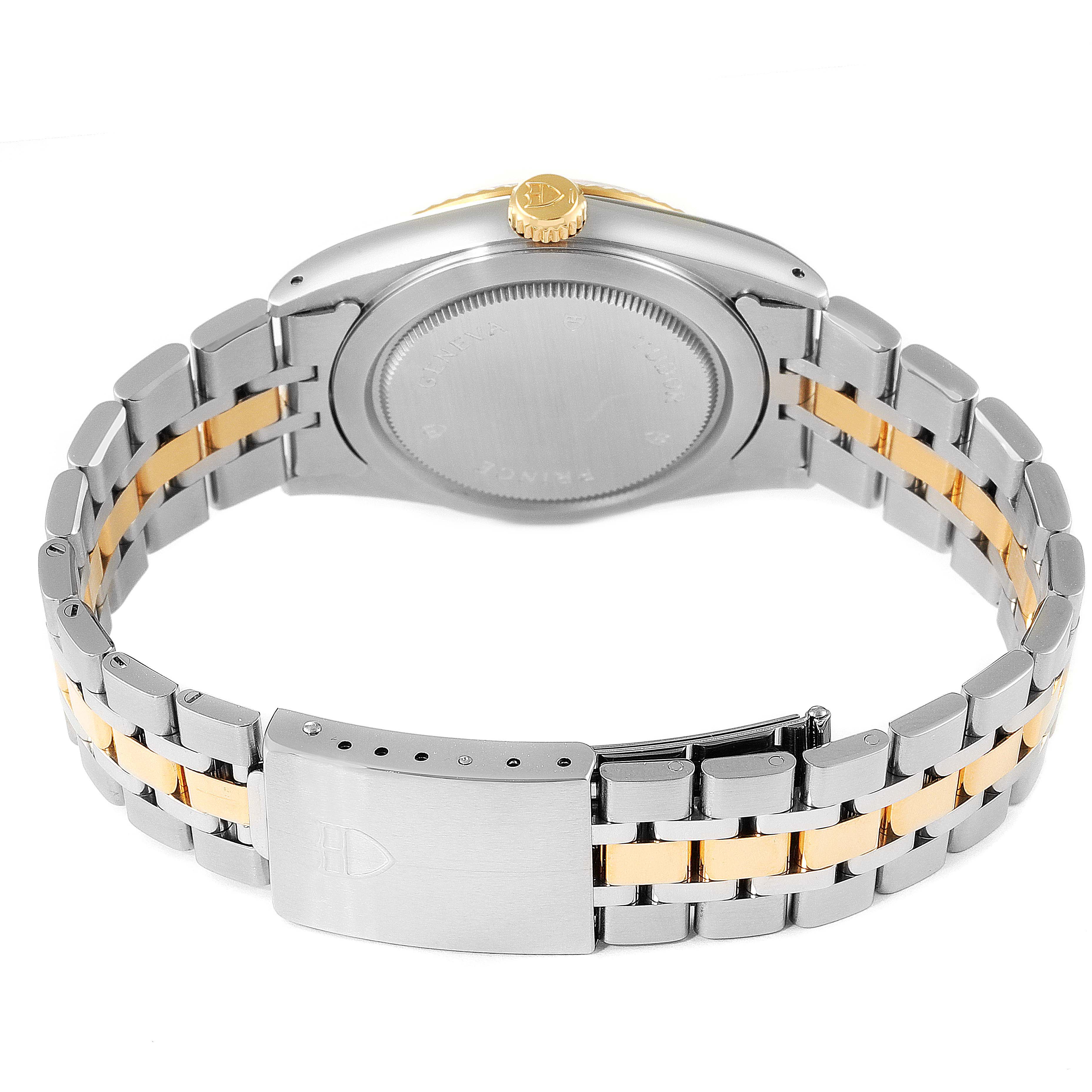 The image shows the back view of the Tudor Prince 76213 Men's Steel and Gold (two tone) Black Dial 76213 Men's Steel and Gold (two tone) Black Dial watch, highlighting its stainless steel and gold bracelet.
