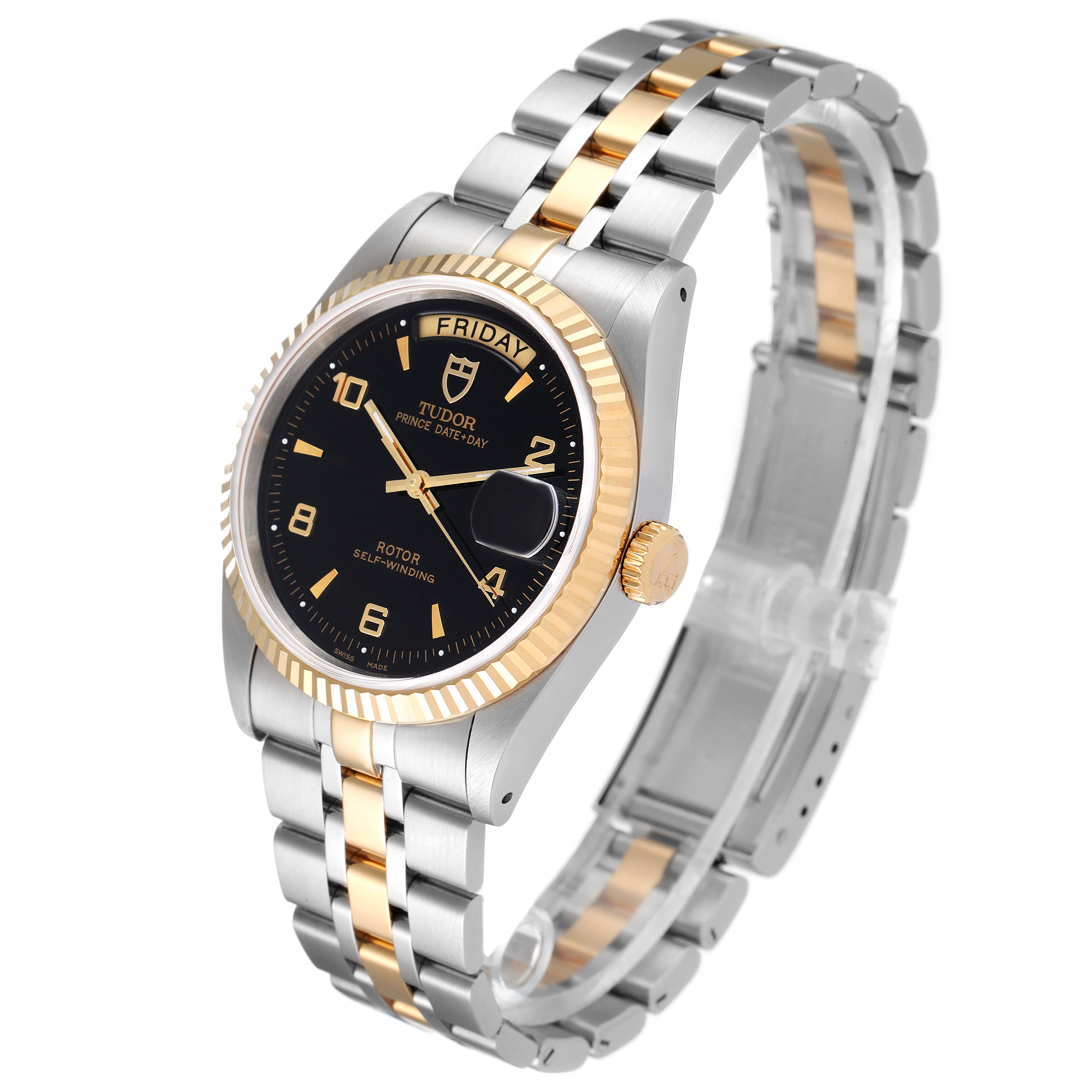 The Tudor Prince 76213 Men's Steel and Gold (two tone) Black Dial 76213 Men's Steel and Gold (two tone) Black Dial model watch is shown at an angle displaying its face, bezel, and two-tone bracelet.