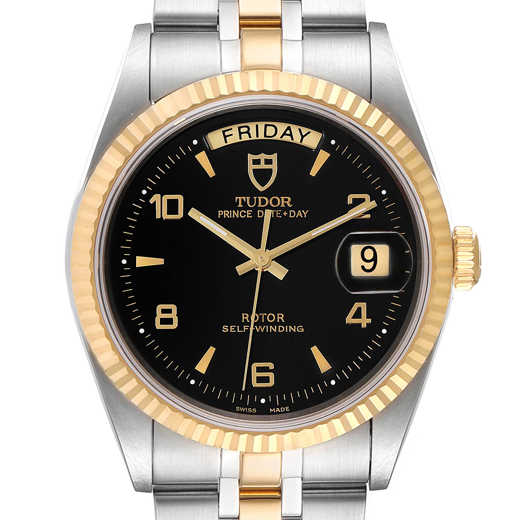 The image shows a Tudor Prince 76213 Men's Steel and Gold (two tone) Black Dial 76213 Men's Steel and Gold (two tone) Black Dial watch with a black dial, gold markers, and a two-tone metal bracelet, viewed from the front.