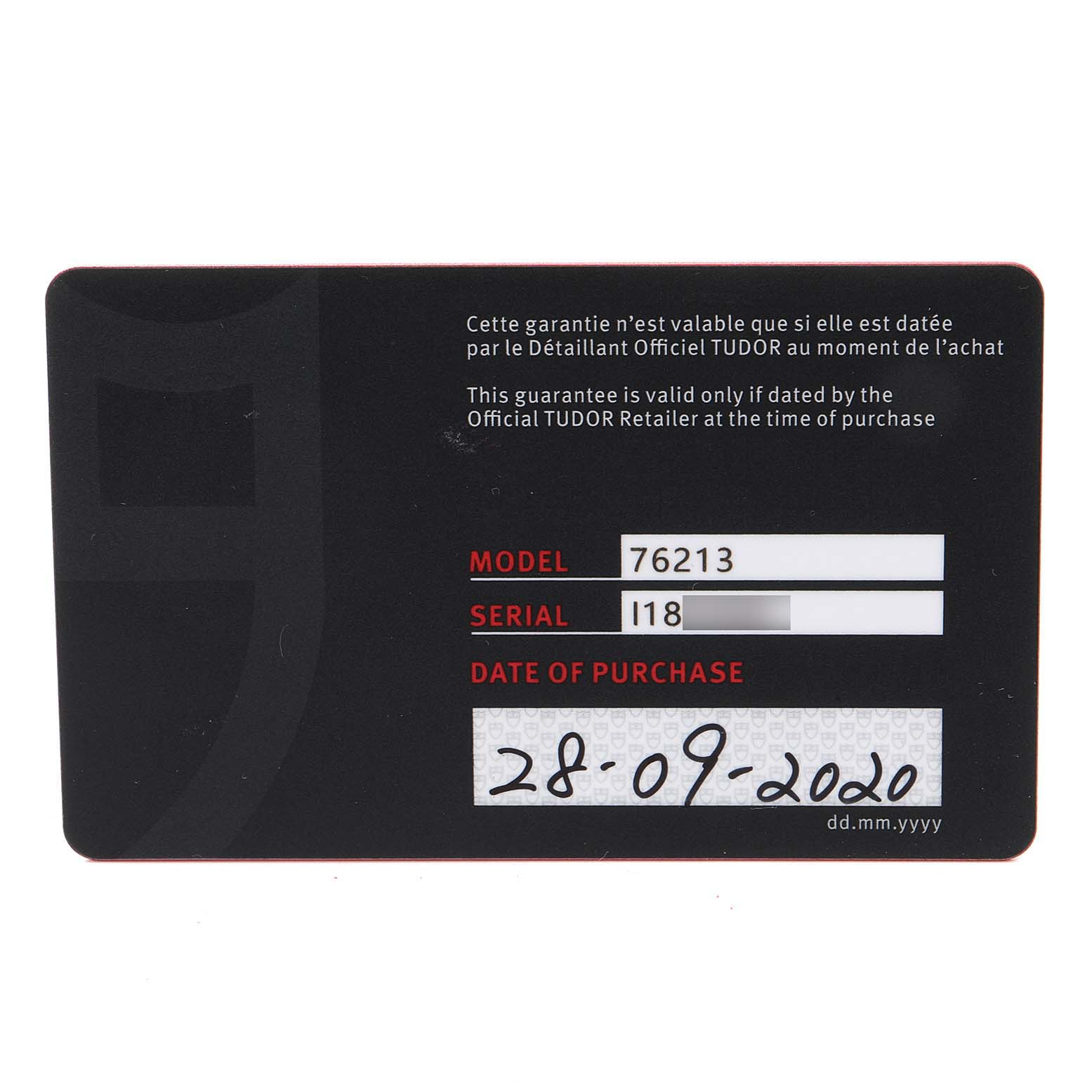 This image shows the warranty card for the Tudor Prince 76213 Men's Steel and Gold (two tone) Black Dial 76213 Men's Steel and Gold (two tone) Black Dial model watch, including model, serial number, and date of purchase.