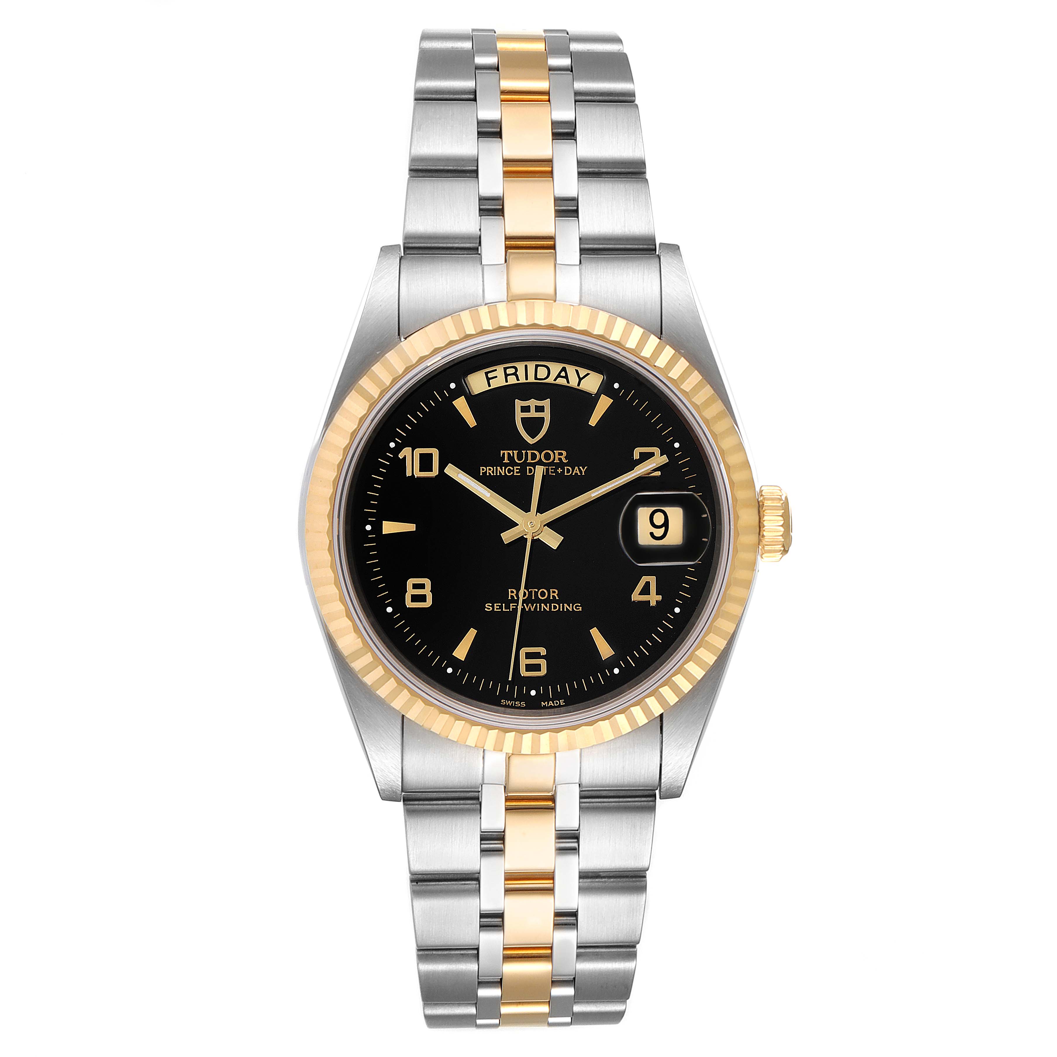 The image shows a Tudor Prince 76213 Men's Steel and Gold (two tone) Black Dial 76213 Men's Steel and Gold (two tone) Black Dial model watch, featuring its face, bezel, crown, and bracelet, viewed from the front.