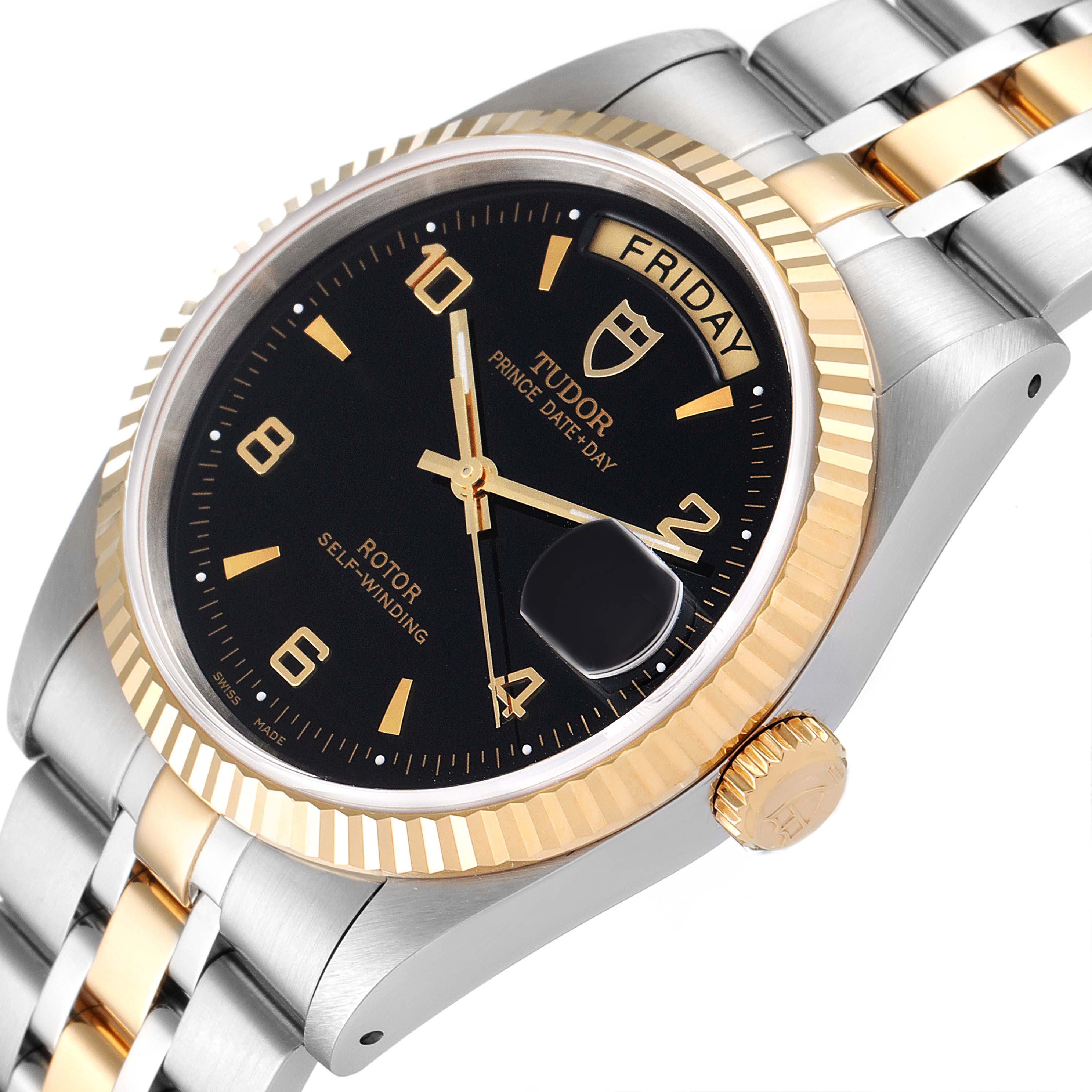 The Tudor Prince 76213 Men's Steel and Gold (two tone) Black Dial 76213 Men's Steel and Gold (two tone) Black Dial watch is angled to show its black dial, gold fluted bezel, bracelet, and crown.