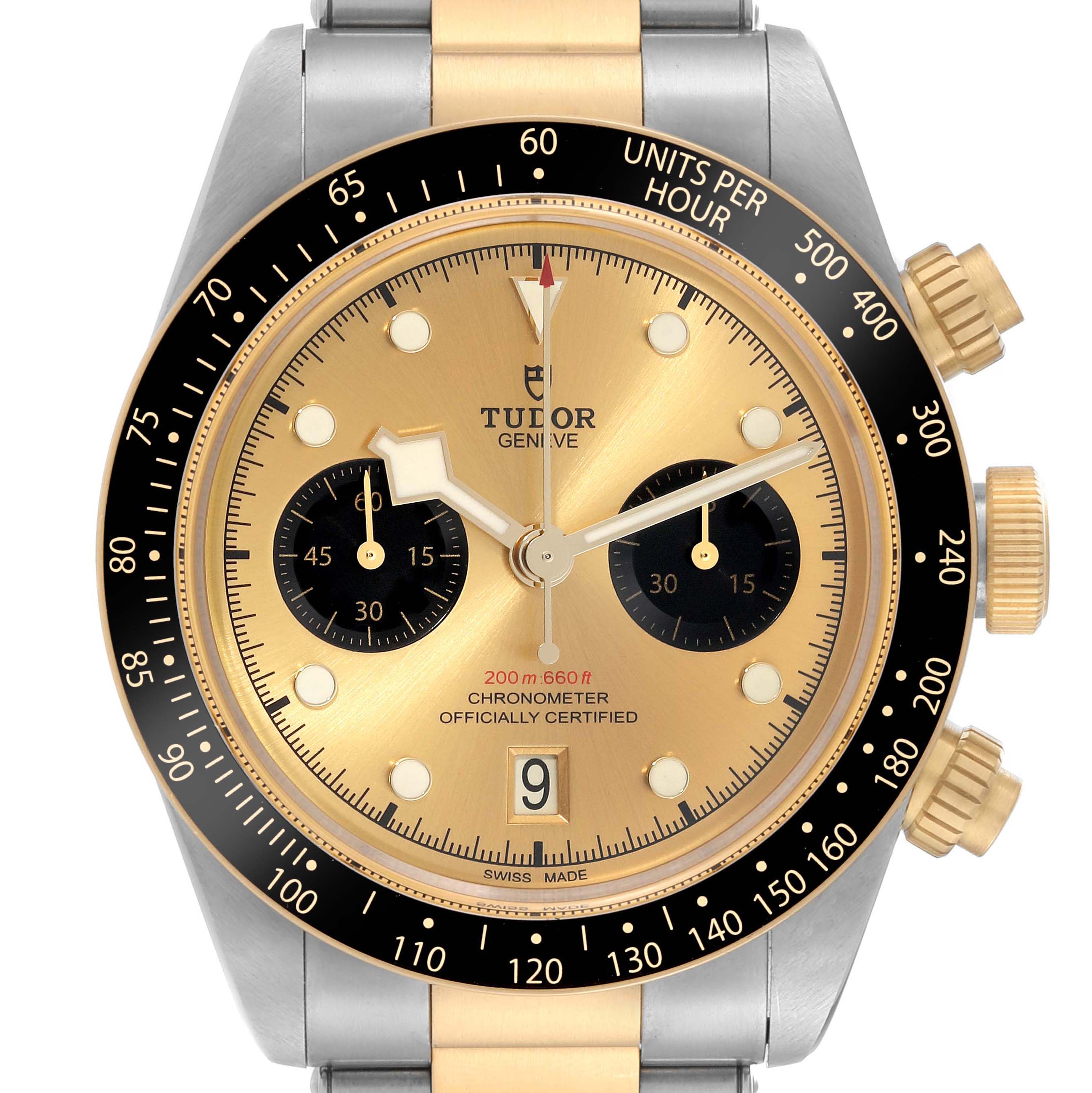 The image shows a frontal view of a Tudor Heritage Black Bay 79363 Men's Steel and Gold (two tone) Champagne Dial 79363 Men's Steel and Gold (two tone) Champagne Dial watch with a gold dial and black bezel.