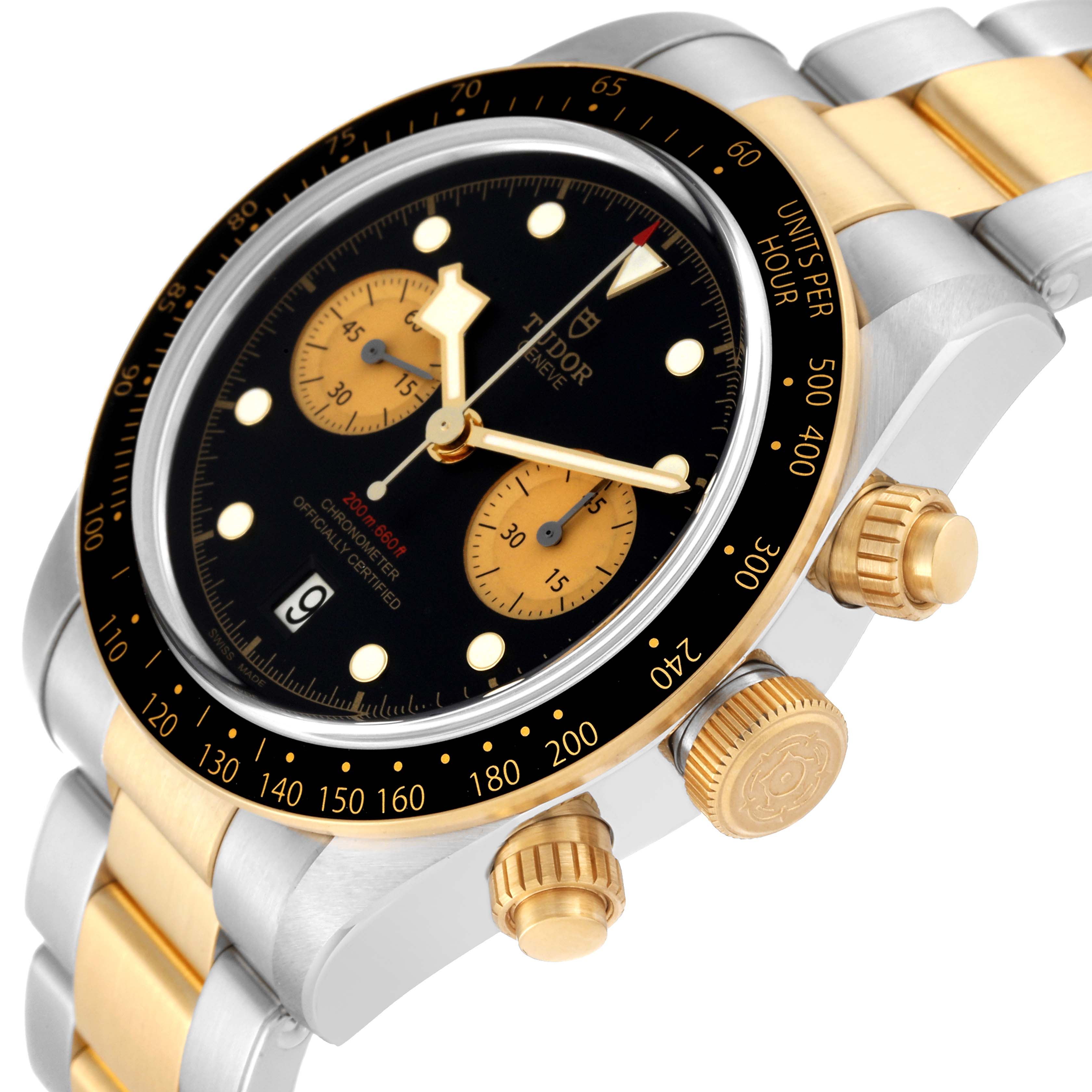 The image shows a close-up angle of the Tudor Heritage Black Bay 79363N Men
s Steel and Gold (two tone) Black Dial 79363N Men
s Steel and Gold (two tone) Black Dial model, highlighting the dial, bezel, and crown.