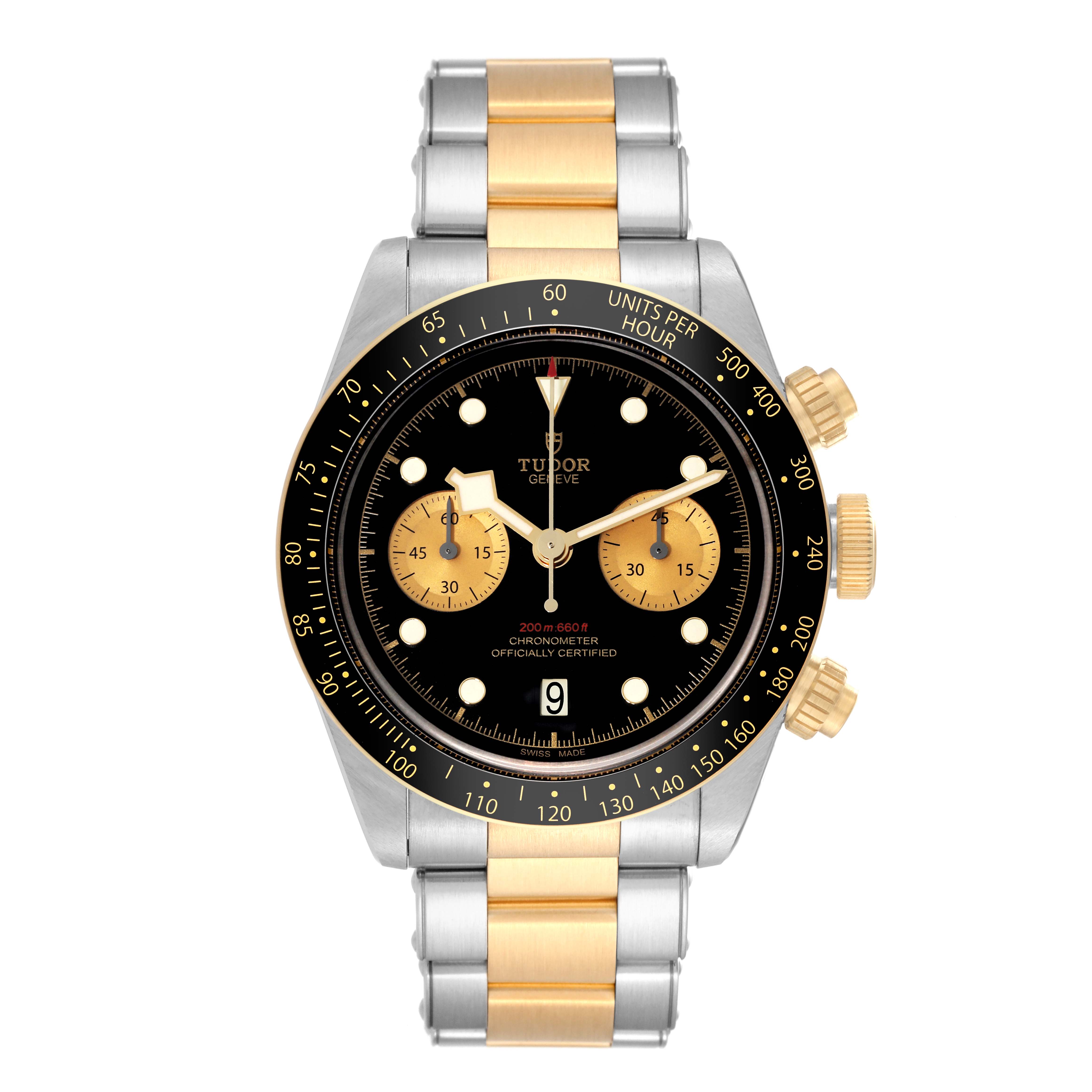 The image shows a front view of the Tudor Heritage Black Bay 79363N Men
s Steel and Gold (two tone) Black Dial 79363N Men
s Steel and Gold (two tone) Black Dial watch, featuring its dial, bezel, and bi-metal bracelet.
