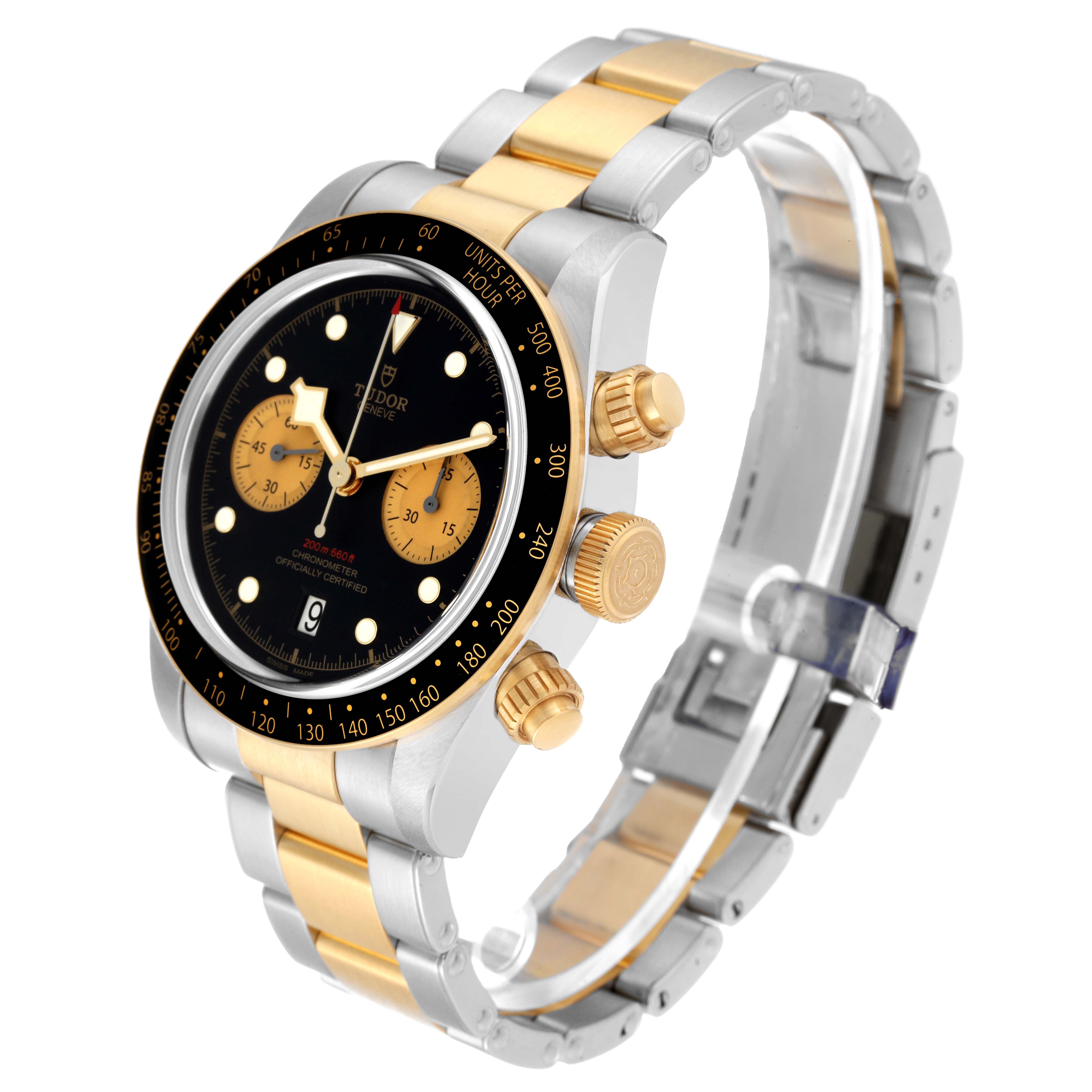 This image shows the Tudor Heritage Black Bay 79363N Men
s Steel and Gold (two tone) Black Dial 79363N Men
s Steel and Gold (two tone) Black Dial watch at a slight left-side angle, highlighting the dial, bezel, crown, and band.