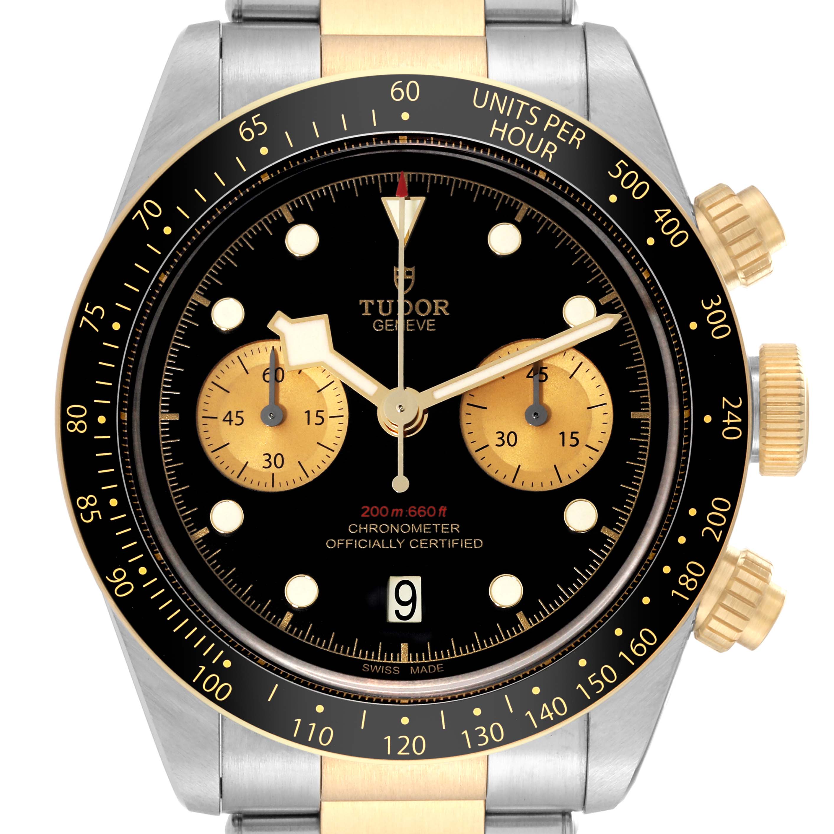 The image shows a frontal view of the Tudor Heritage Black Bay 79363N Men
s Steel and Gold (two tone) Black Dial 79363N Men
s Steel and Gold (two tone) Black Dial watch, highlighting the dial, bezel, and push buttons.