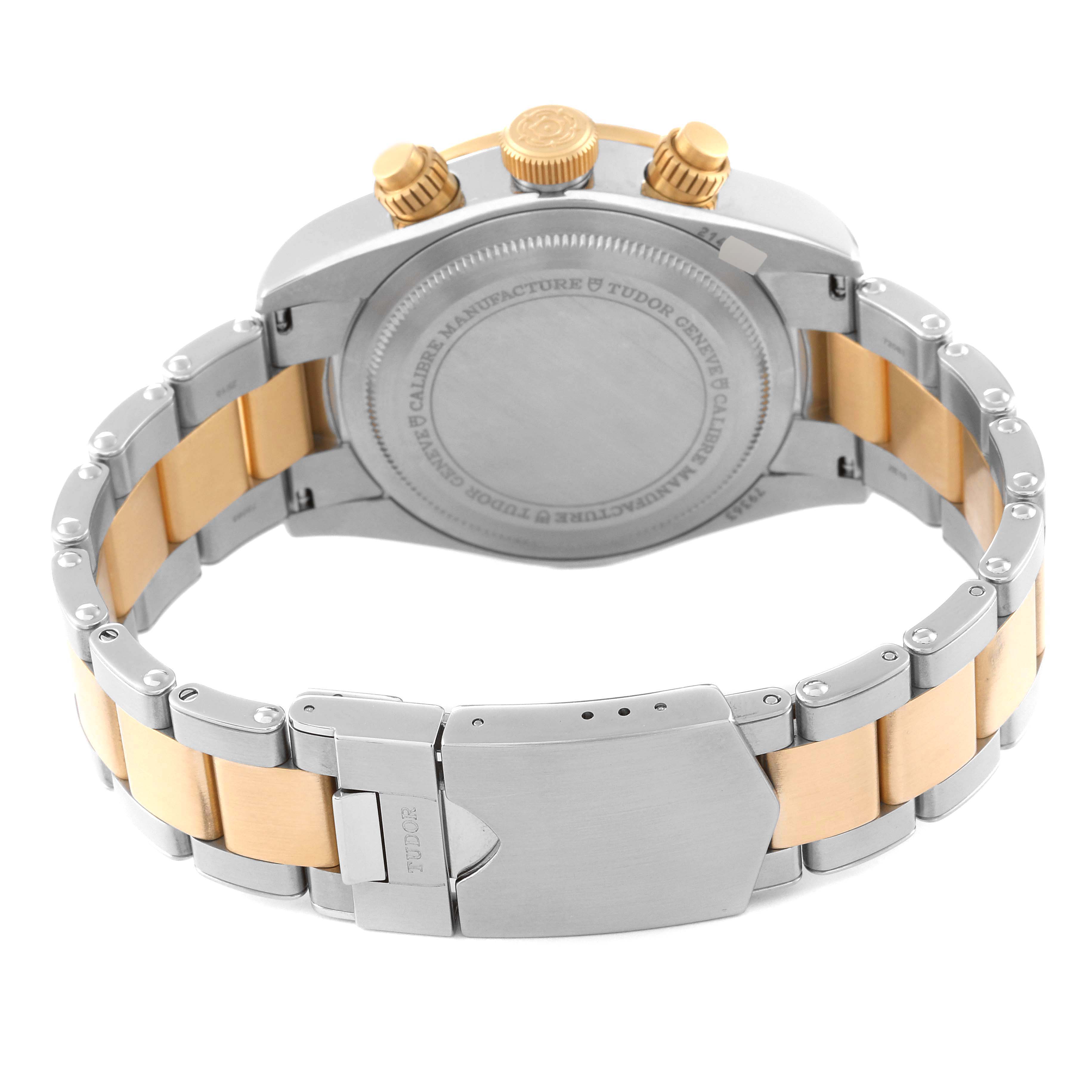 The image shows the back case and two-tone bracelet of the Tudor Heritage Black Bay 79363 Men's Steel and Gold (two tone) Champagne Dial 79363 Men's Steel and Gold (two tone) Champagne Dial watch.