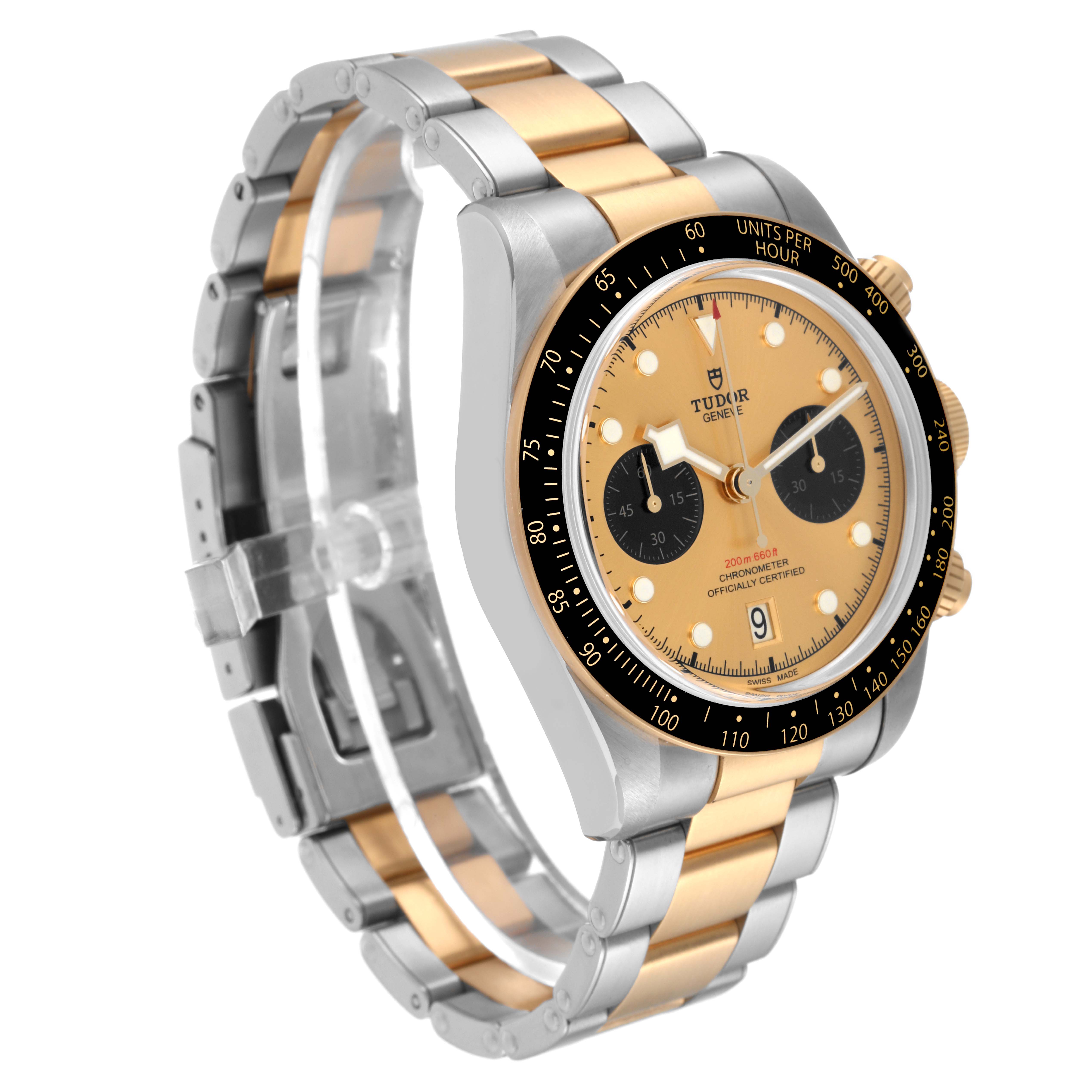 The Tudor Heritage Black Bay 79363 Men's Steel and Gold (two tone) Champagne Dial 79363 Men's Steel and Gold (two tone) Champagne Dial watch is shown at a slight angle, highlighting the bezel, dial, and two-tone bracelet.