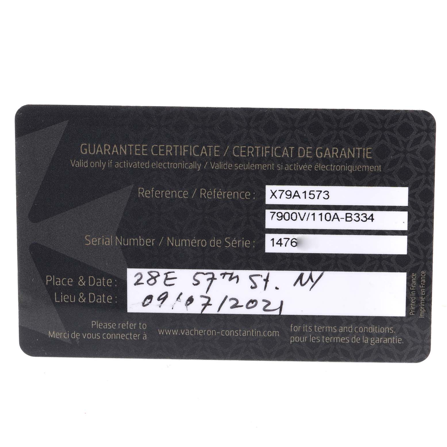 The image displays the guarantee certificate for the Vacheron Constantin Overseas 7900V/110A-B334 Men's Stainless Steel Blue Dial 7900V/110A-B334 Men's Stainless Steel Blue Dial model, including reference and serial numbers, with handwritten place and date.