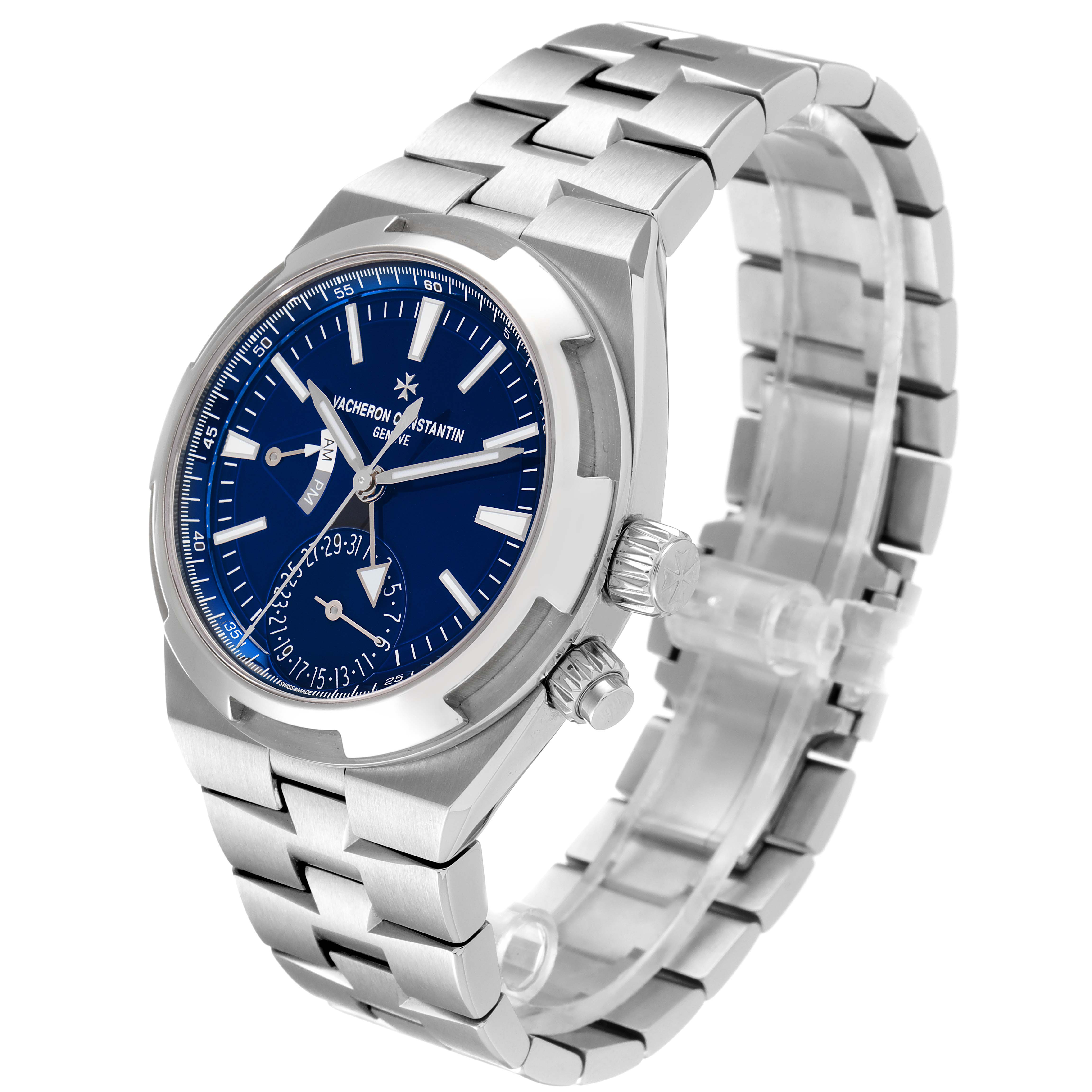 The Vacheron Constantin Overseas 7900V/110A-B334 Men's Stainless Steel Blue Dial 7900V/110A-B334 Men's Stainless Steel Blue Dial watch is shown at a slight angle, displaying its blue dial, stainless steel bracelet, and side crowns.