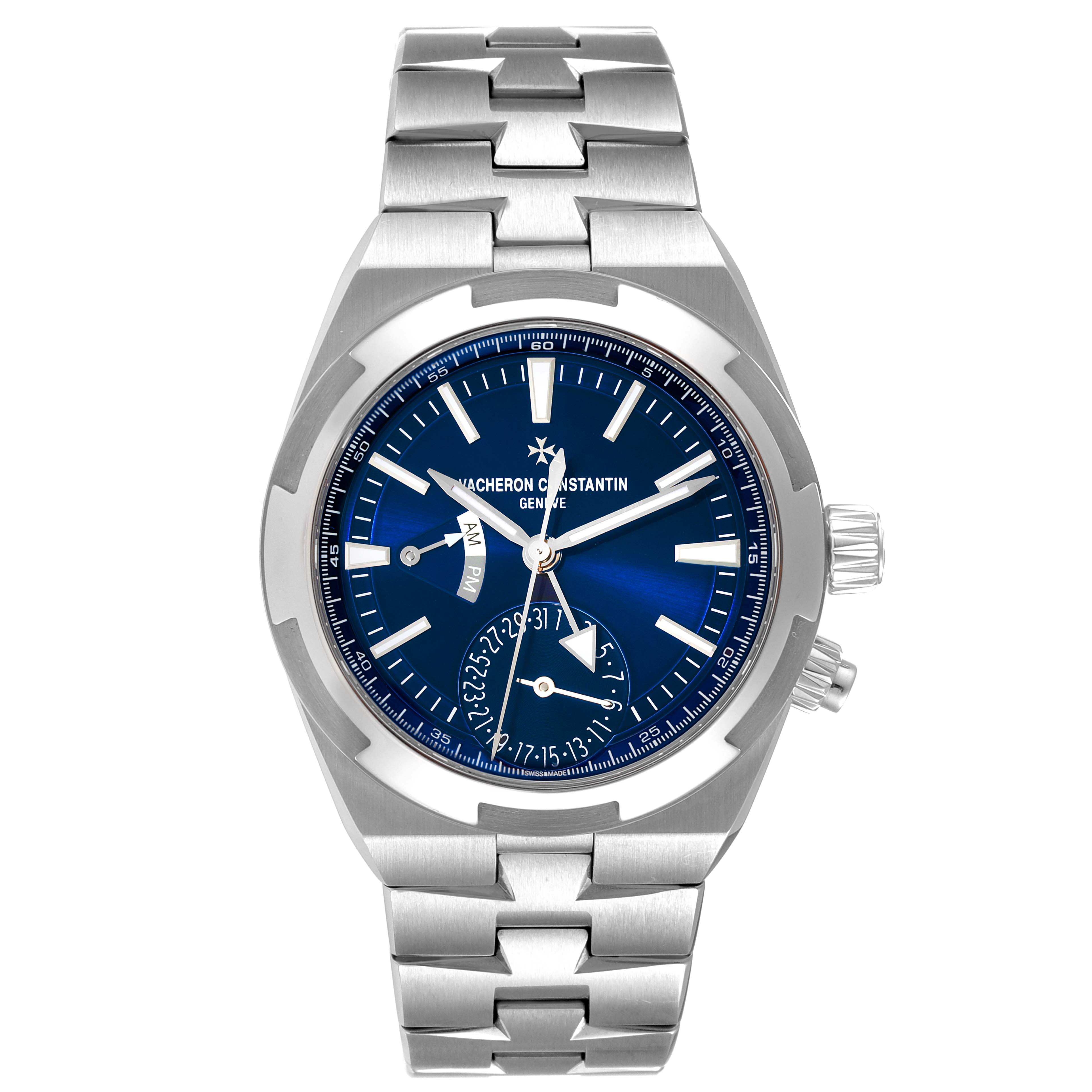 The image shows a front view of the Vacheron Constantin Overseas 7900V/110A-B334 Men's Stainless Steel Blue Dial 7900V/110A-B334 Men's Stainless Steel Blue Dial watch with a blue dial and silver bracelet.
