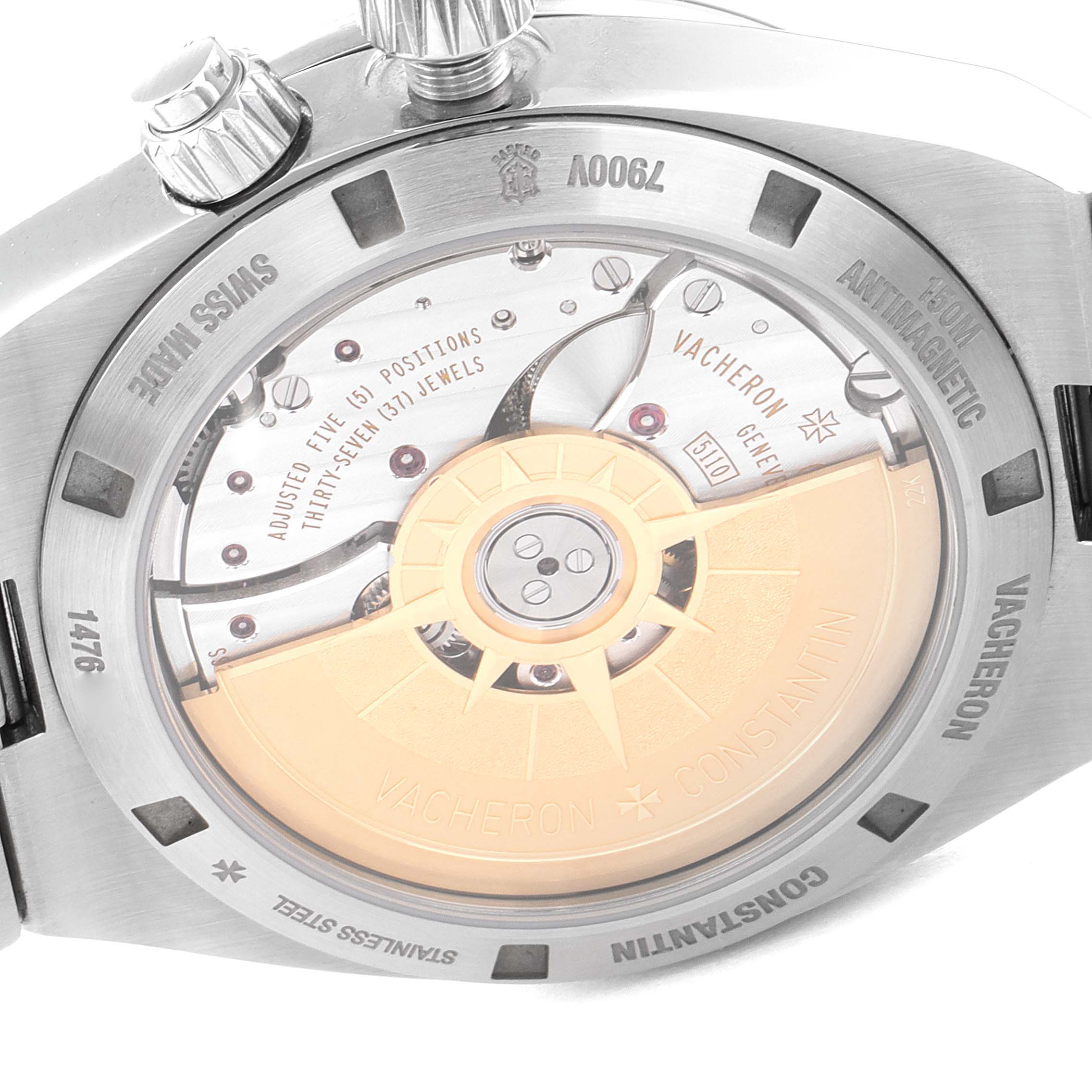 The image shows the case back of a Vacheron Constantin Overseas 7900V/110A-B334 Men's Stainless Steel Blue Dial 7900V/110A-B334 Men's Stainless Steel Blue Dial watch, highlighting the automatic movement and rotor.