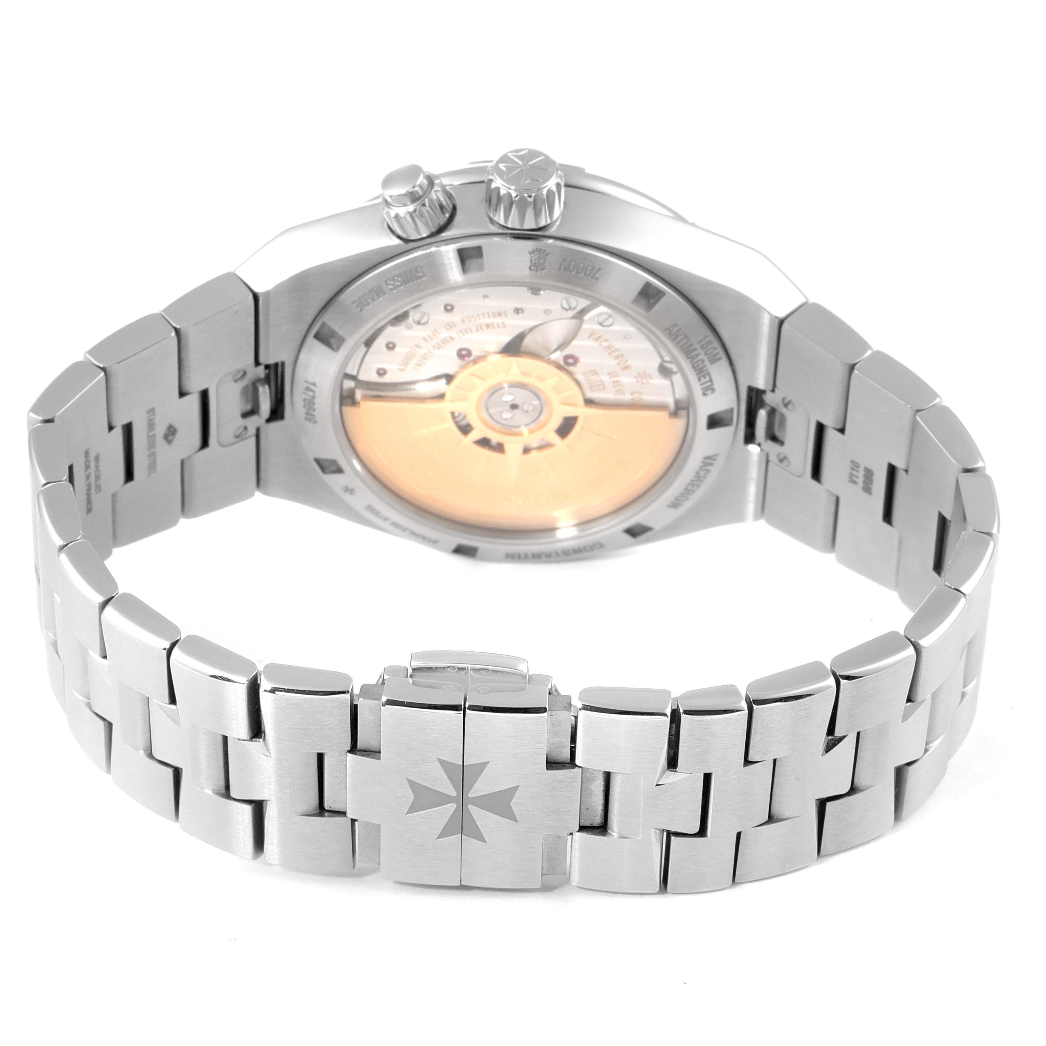 The image shows a rear view of the Vacheron Constantin Overseas 7900V/110A-B334 Men's Stainless Steel Blue Dial 7900V/110A-B334 Men's Stainless Steel Blue Dial watch, highlighting its bracelet and exhibition case back.