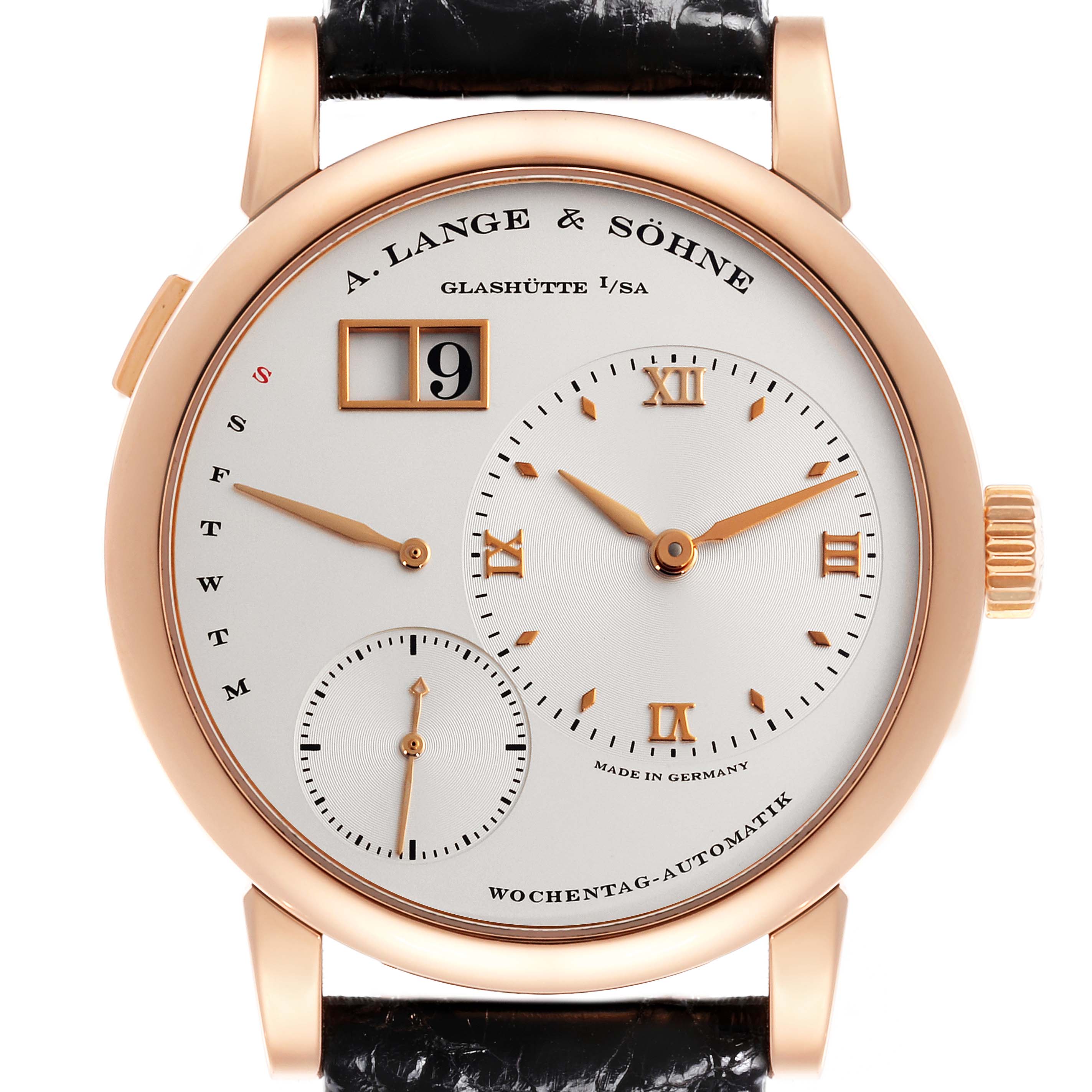 The Lange 1 by A. Lange 
Söhne is shown from the front, displaying the dial, hands, subdials, and crown.