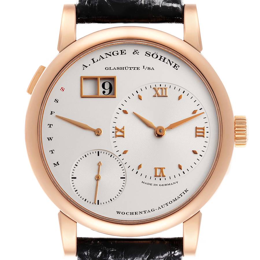 The Lange 1 by A. Lange & Söhne is shown from the front, displaying the dial, hands, subdials, and crown.