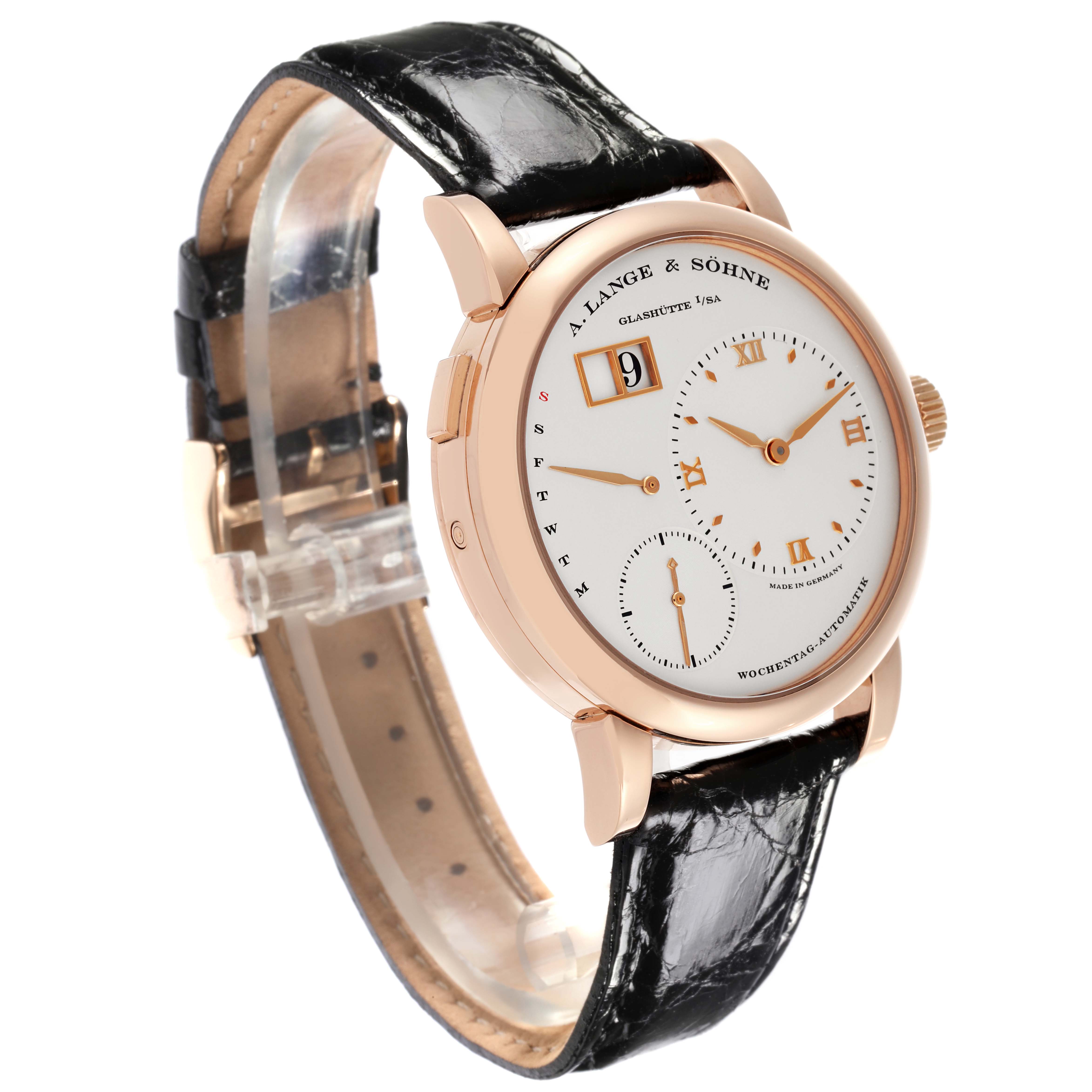 The Lange 1 by A. Lange 
Sohne is shown at a three-quarter angle, displaying the dial, case, and leather strap.