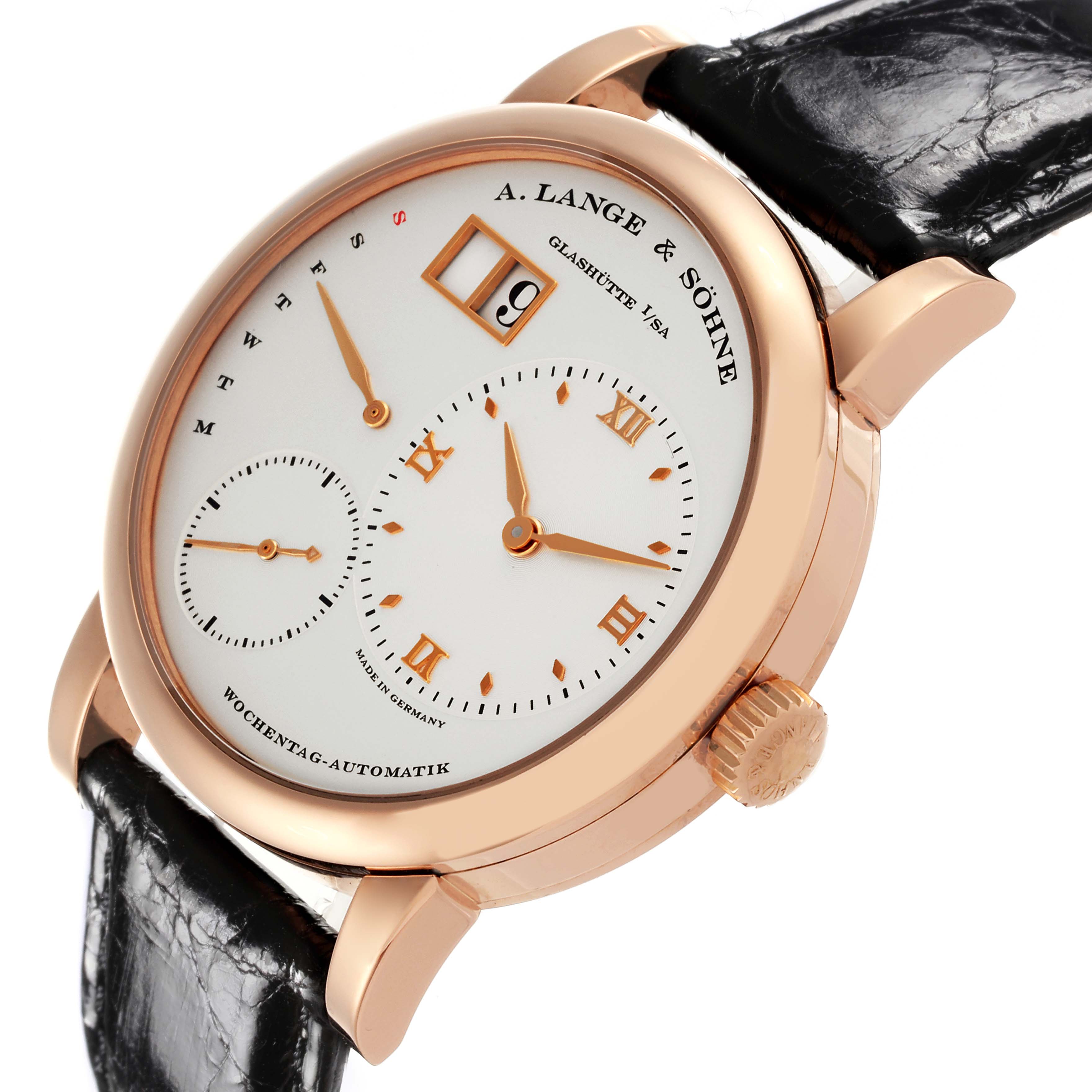 The A. Lange 
Sohne Lange 1 320.032 Men
s Rose Gold Silver Dial is shown from a side angle highlighting the watch face, case, crown, and leather strap.