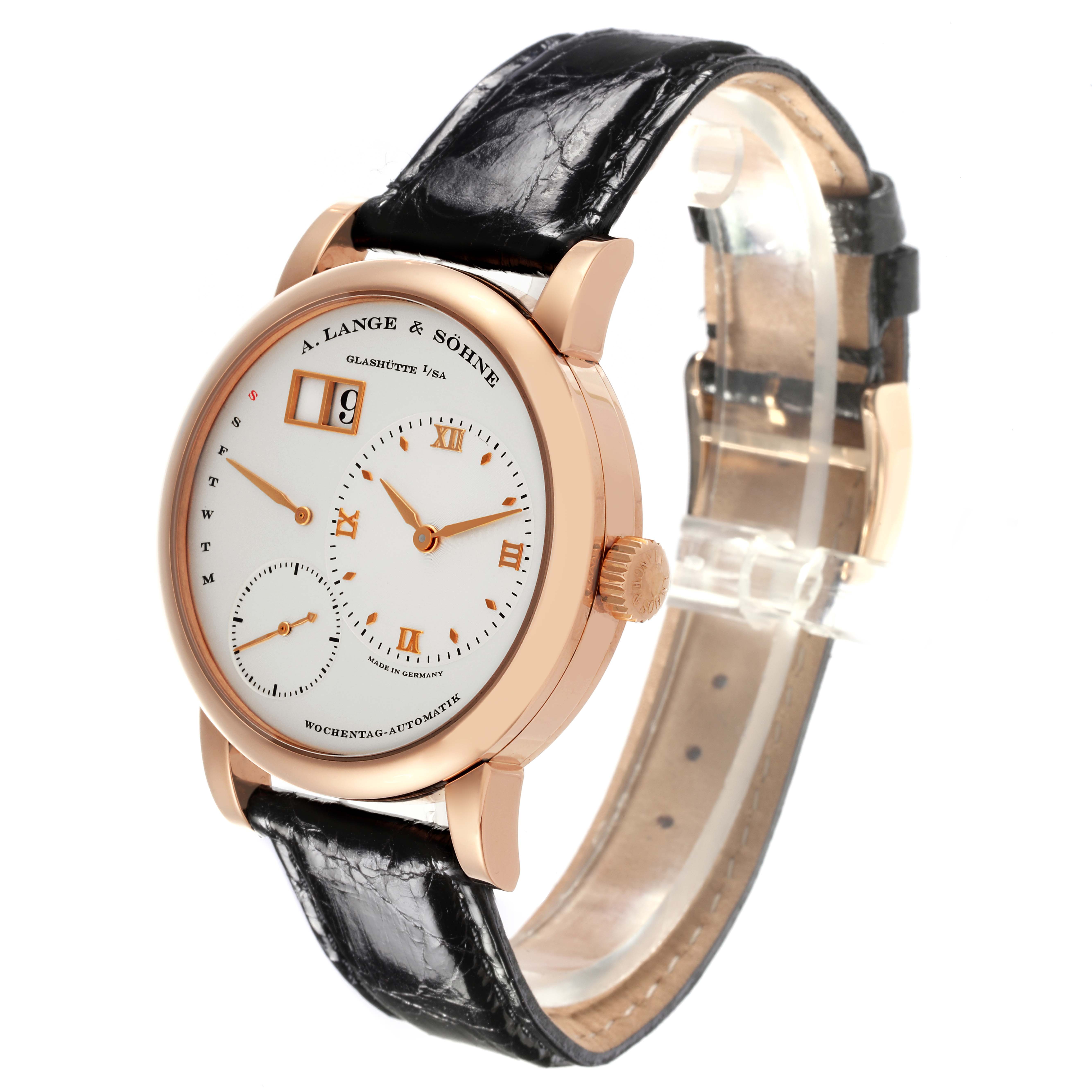 The A. Lange 
Sohne Lange 1 320.032 Men
s Rose Gold Silver Dial watch is shown at an angle highlighting the dial, crown, and leather strap.