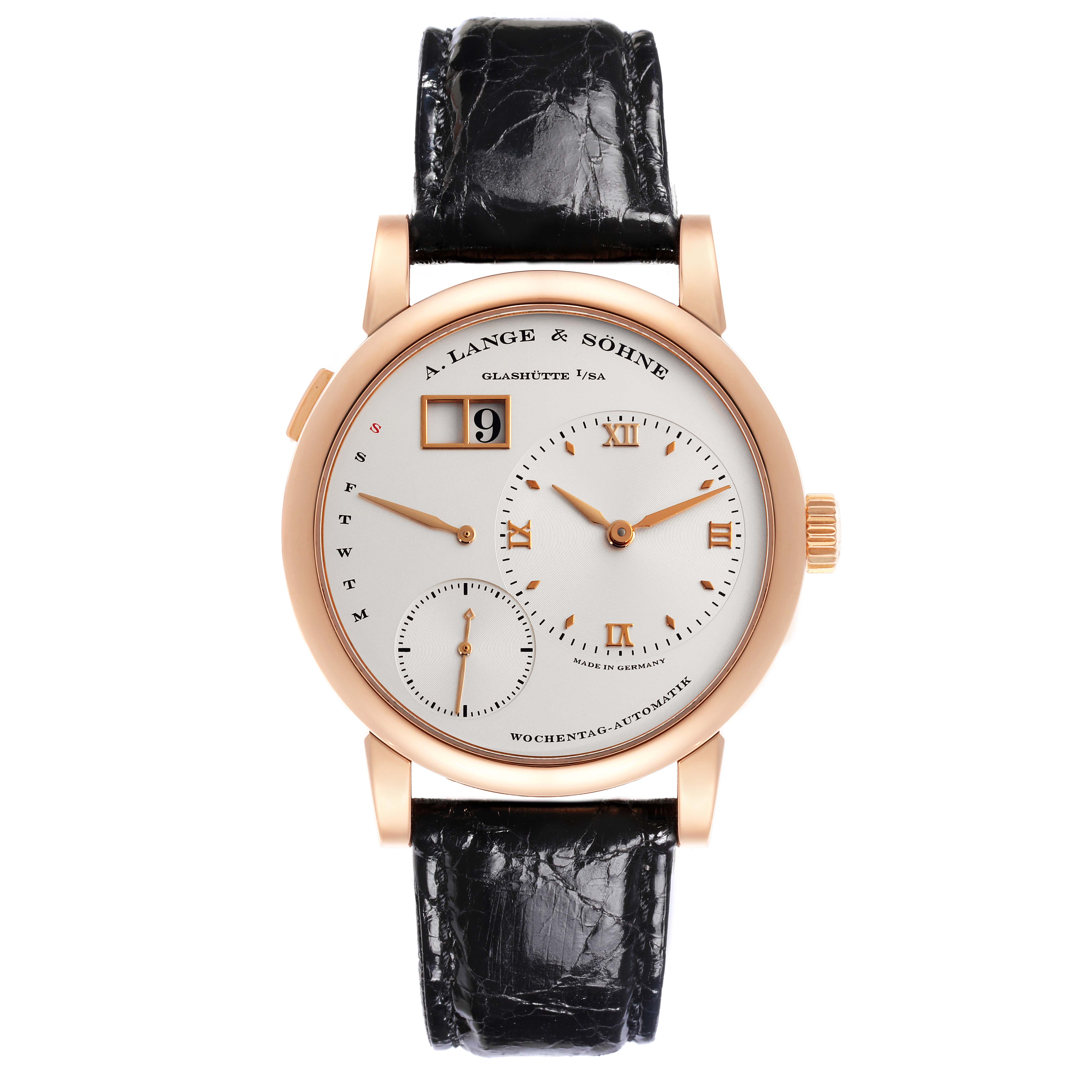 The A. Lange 
Sohne Lange 1 320.032 Men
s Rose Gold Silver Dial watch is shown from the front, displaying the dial, hands, and strap.