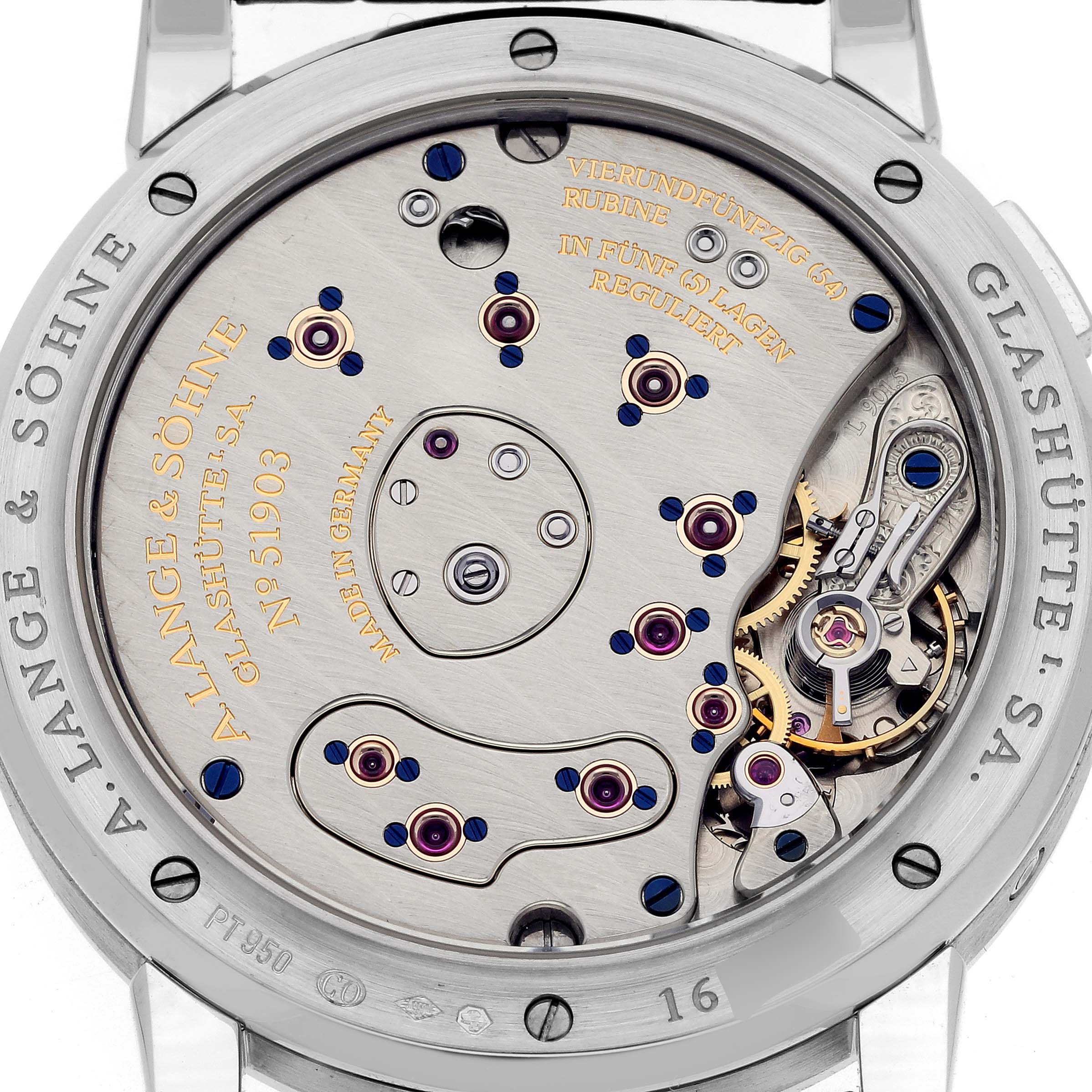 The image shows the back of an A. Lange & Sohne Lange 1 109.025 Men's Platinum Silver Dial watch, focusing on its intricate movement mechanism.