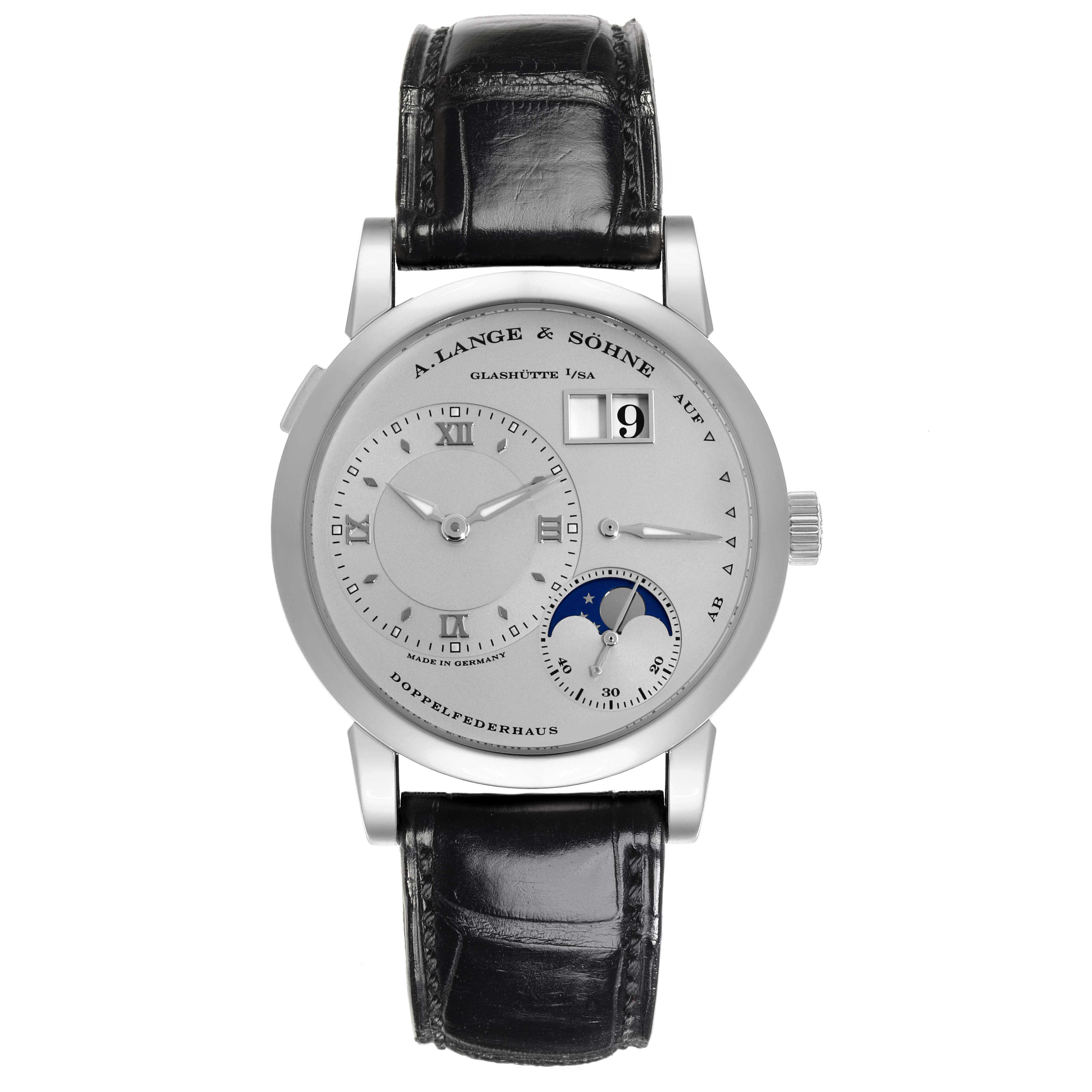 The A. Lange & Sohne Lange 1 109.025 Men's Platinum Silver Dial watch is shown from a front view, displaying its dial, hands, and moon phase.