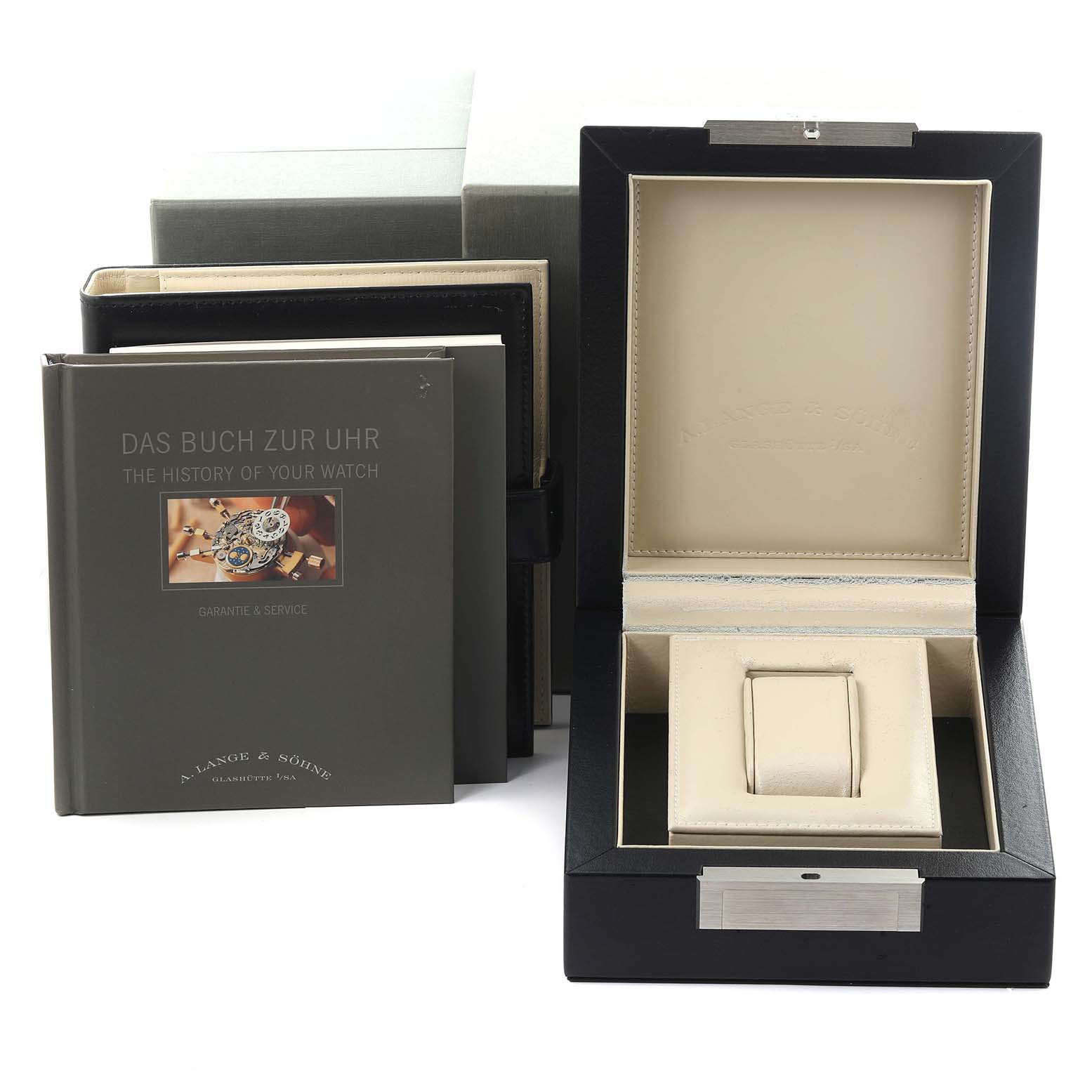 The image shows the empty box and book for the A. Lange & Sohne Lange 1 109.025 Men's Platinum Silver Dial watch.