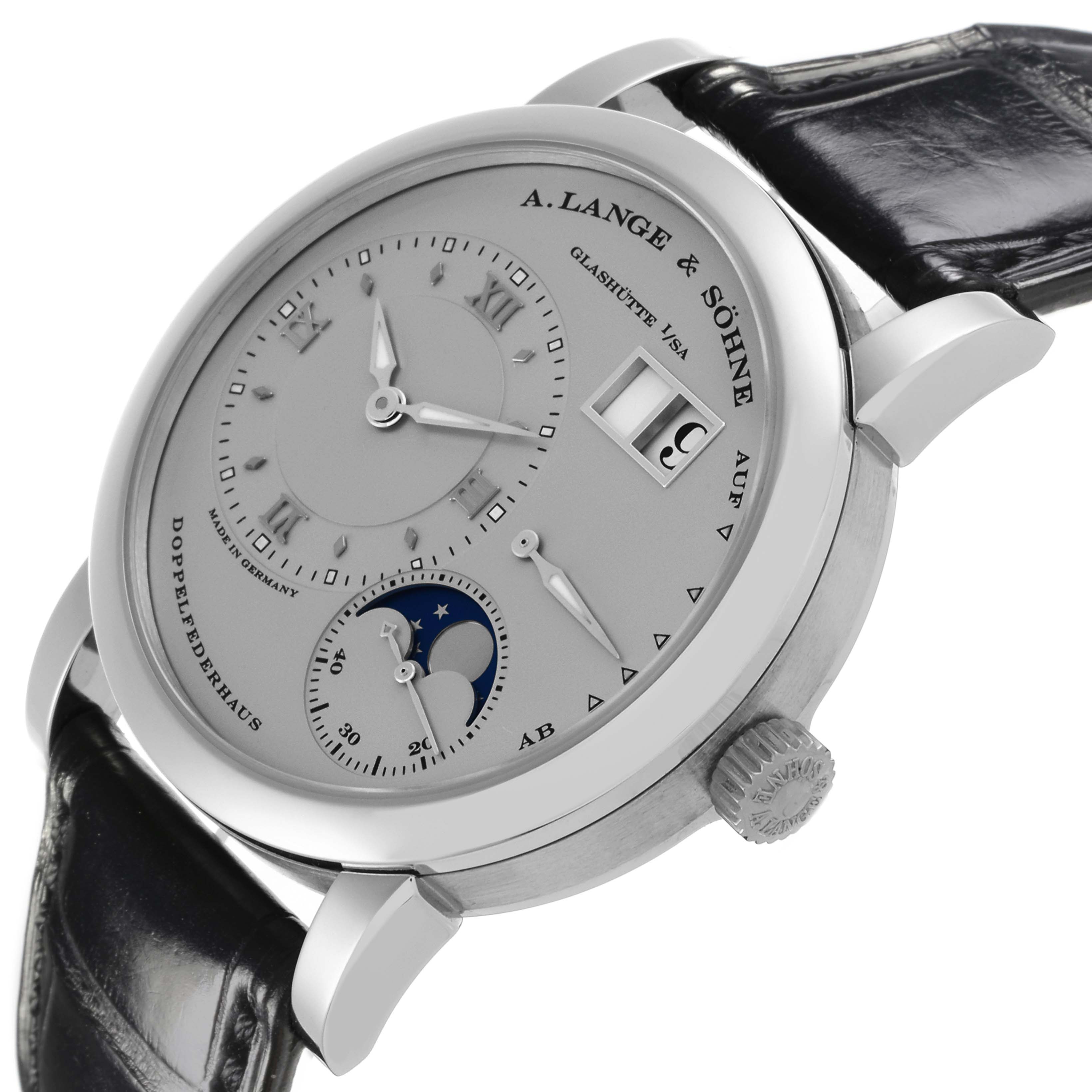The A. Lange & Sohne Lange 1 109.025 Men's Platinum Silver Dial watch is shown at a slight angle, highlighting the dial, date window, moon phase, and crown.