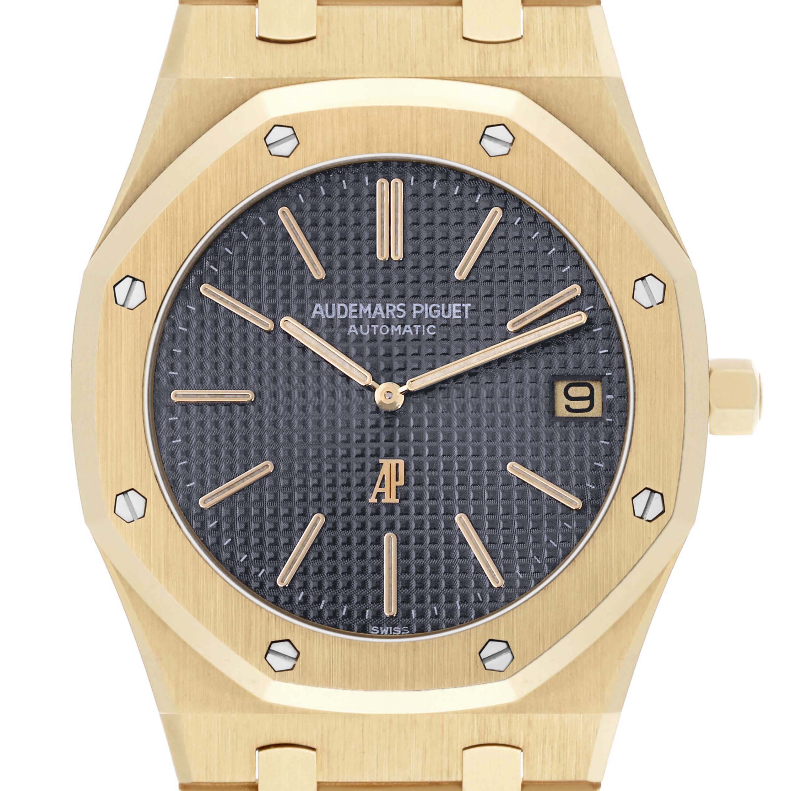 The image shows a frontal view of the Audemars Piguet Royal Oak 5402BA-001 Men's Yellow Gold Grey Dial watch, highlighting its octagonal bezel and dial details.